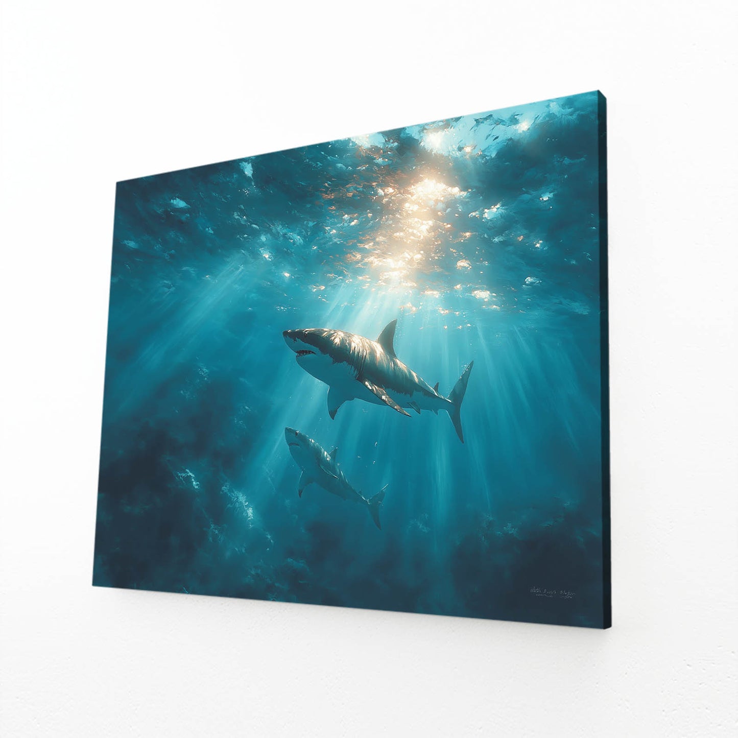 Sunlit Deep Ocean Shark Wall Art – angled canvas view on white background