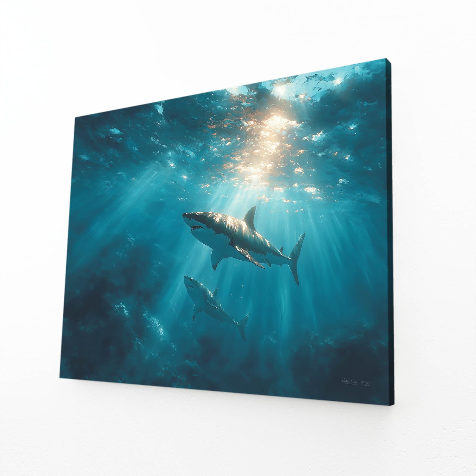 Sunlit Deep Ocean Shark Wall Art – angled canvas view on white background