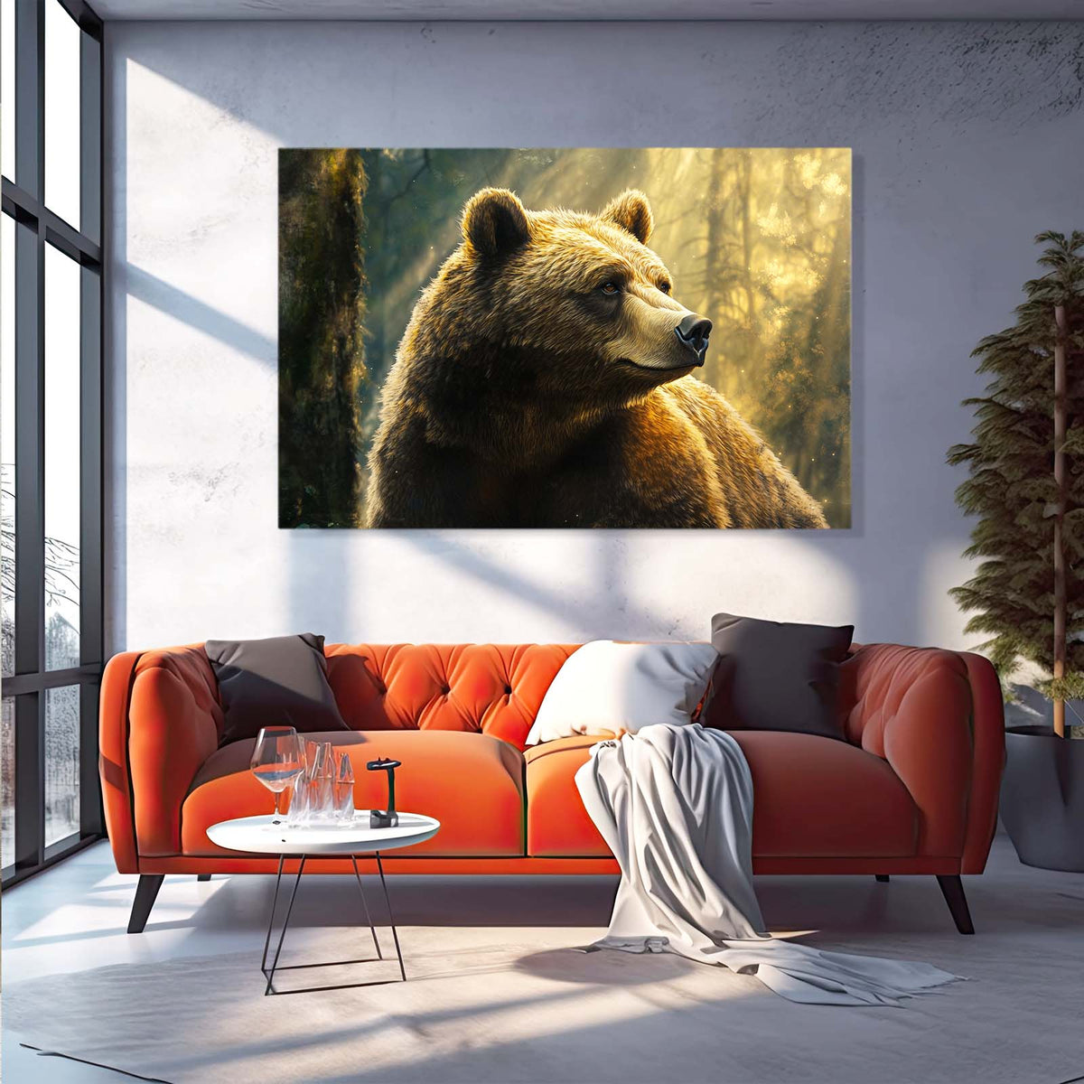 Sunlit Forest Profile Bear Wall Art — contemporary canvas print, styled in a furnished interior