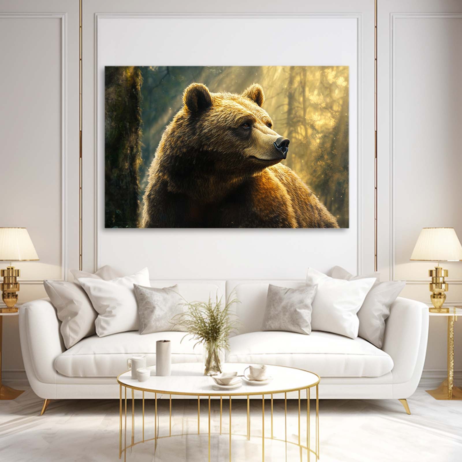 Sunlit Forest Profile Bear Wall Art — contemporary canvas print, styled in a furnished interior