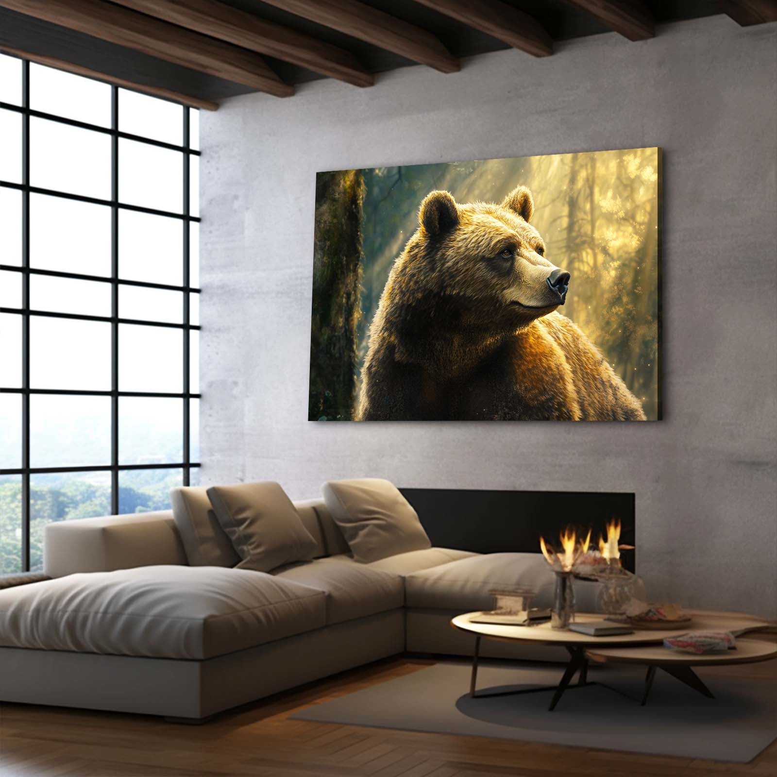 Sunlit Forest Profile Bear Wall Art — contemporary canvas print, styled in a furnished interior