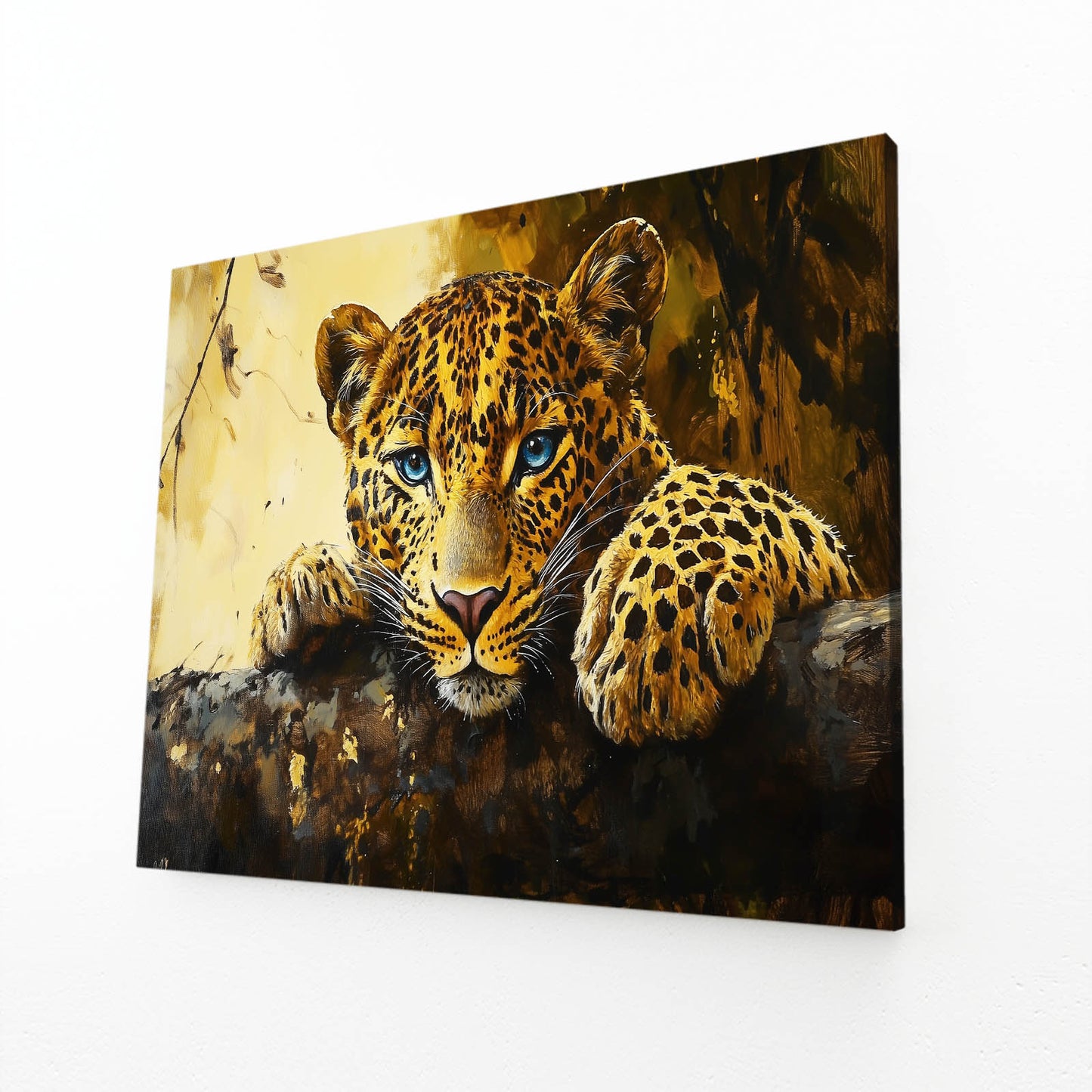 Sunlit Rock Rest Leopard Art – angled canvas view on white background