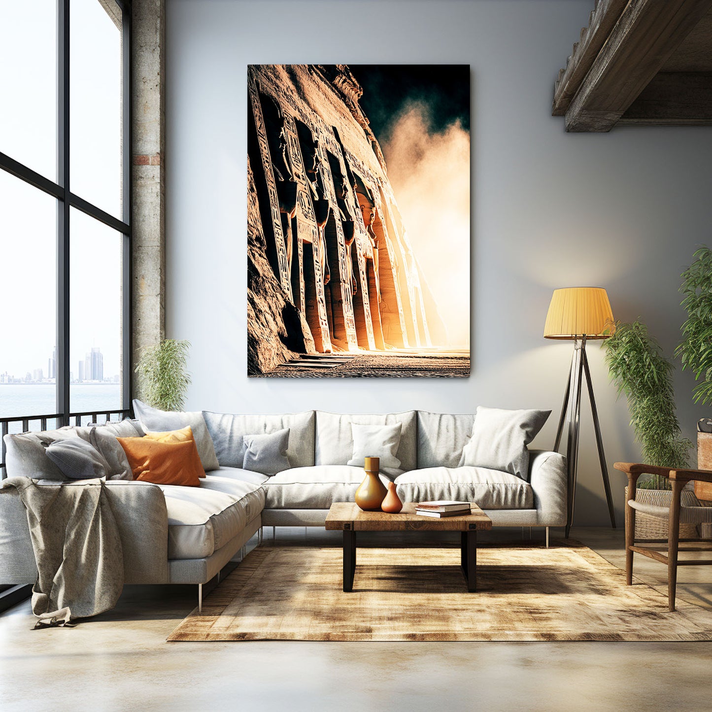 Sunlit Ruins Columns Egyptian Prints – styled in a furnished interior