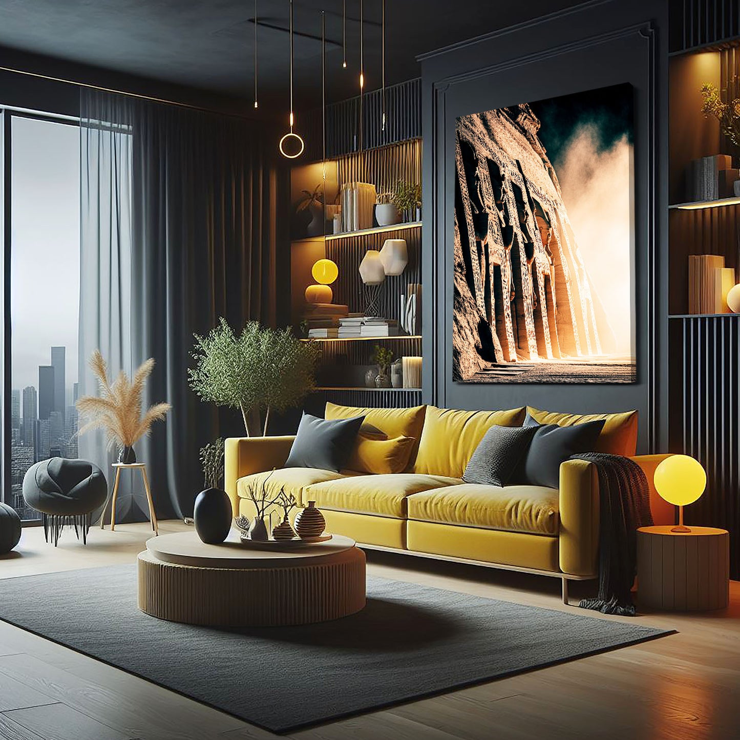 Sunlit Ruins Columns Egyptian Prints – styled in a furnished interior