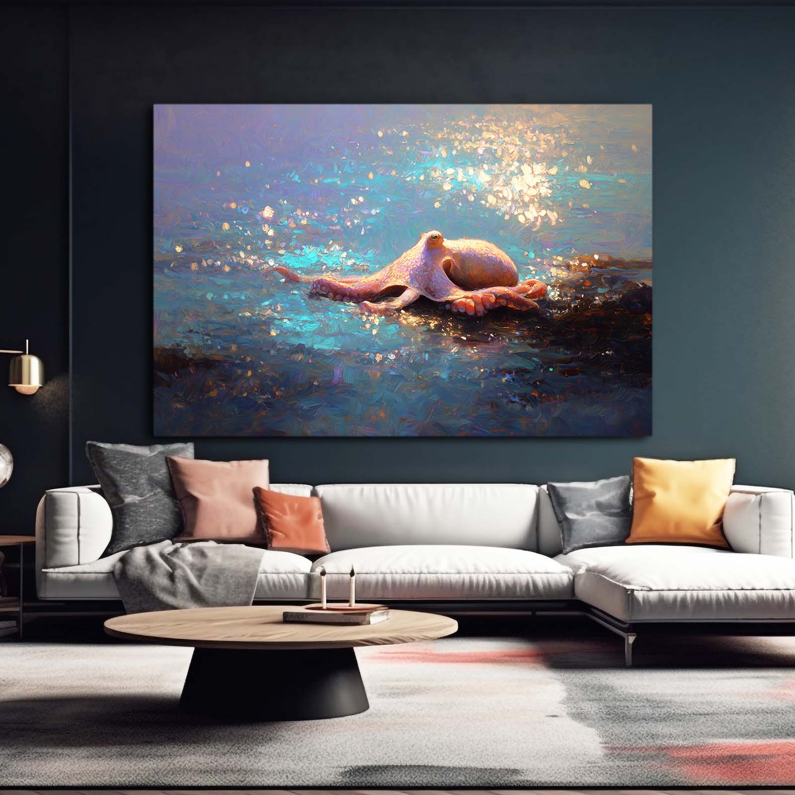 Sunlit Sea Surface Octopus Prints – styled in a furnished interior