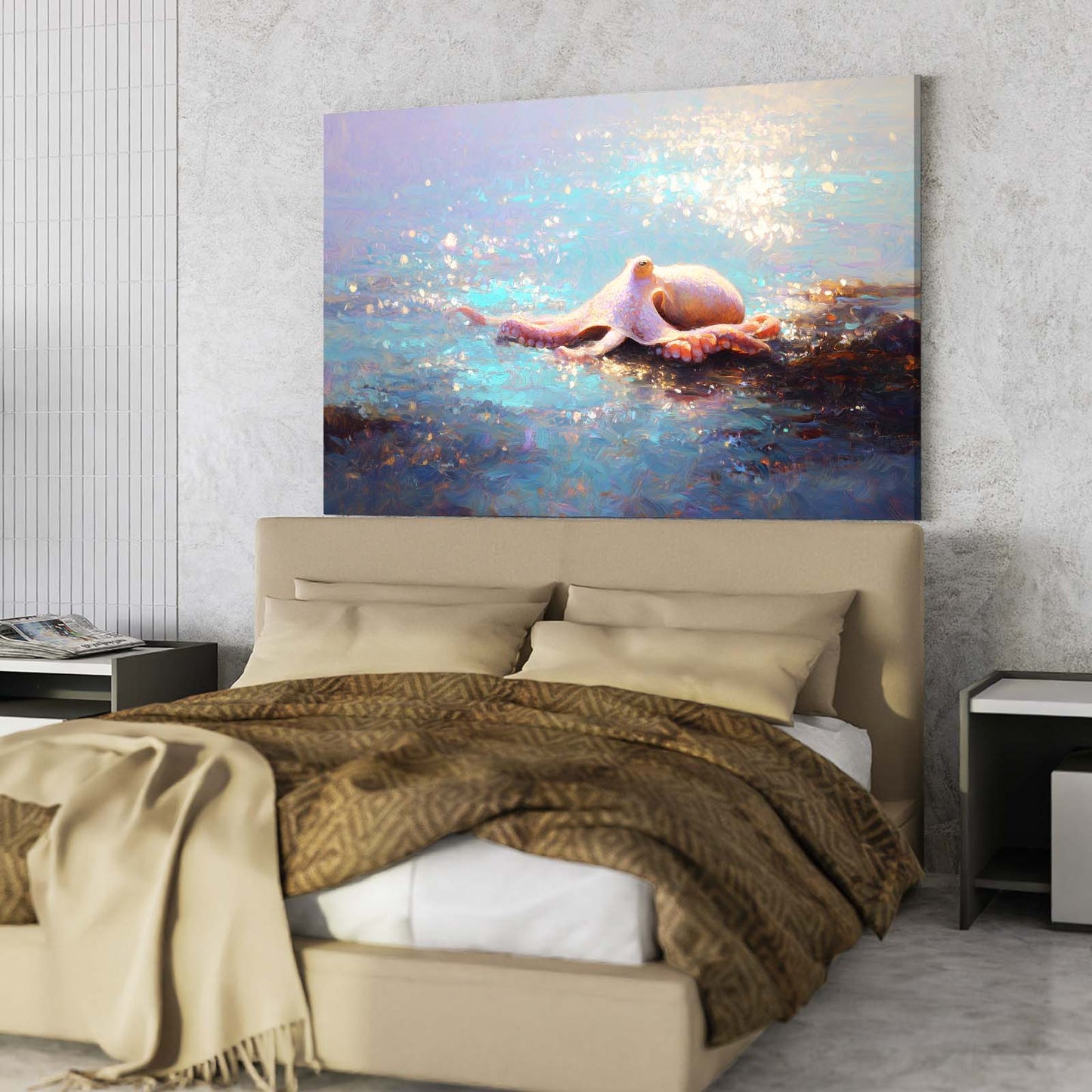 Sunlit Sea Surface Octopus Prints – styled in a furnished interior