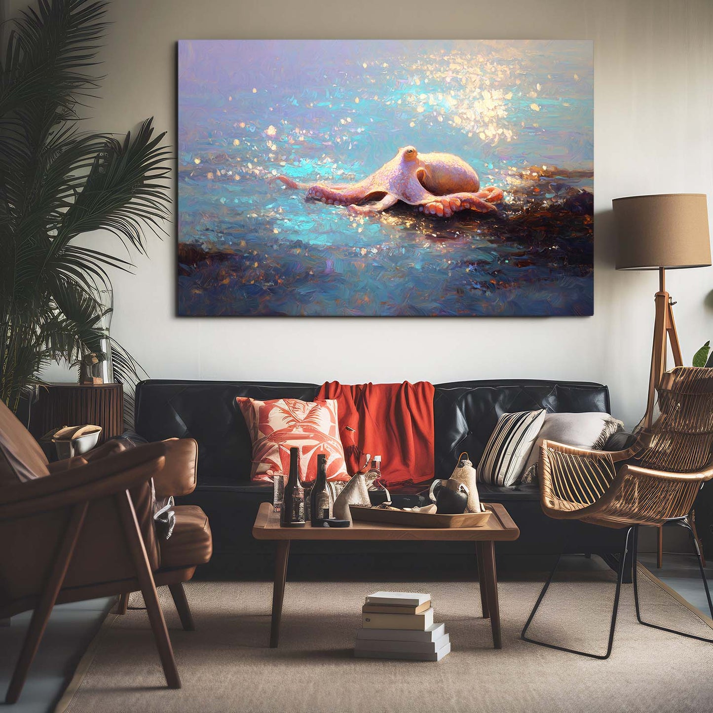 Sunlit Sea Surface Octopus Prints – styled in a furnished interior