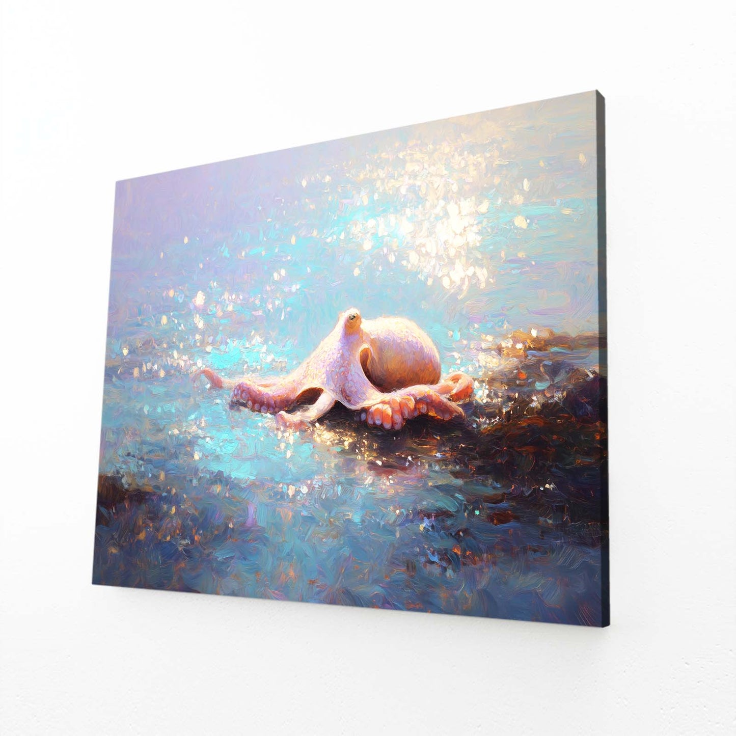 Sunlit Sea Surface Octopus Prints – angled canvas view on white background