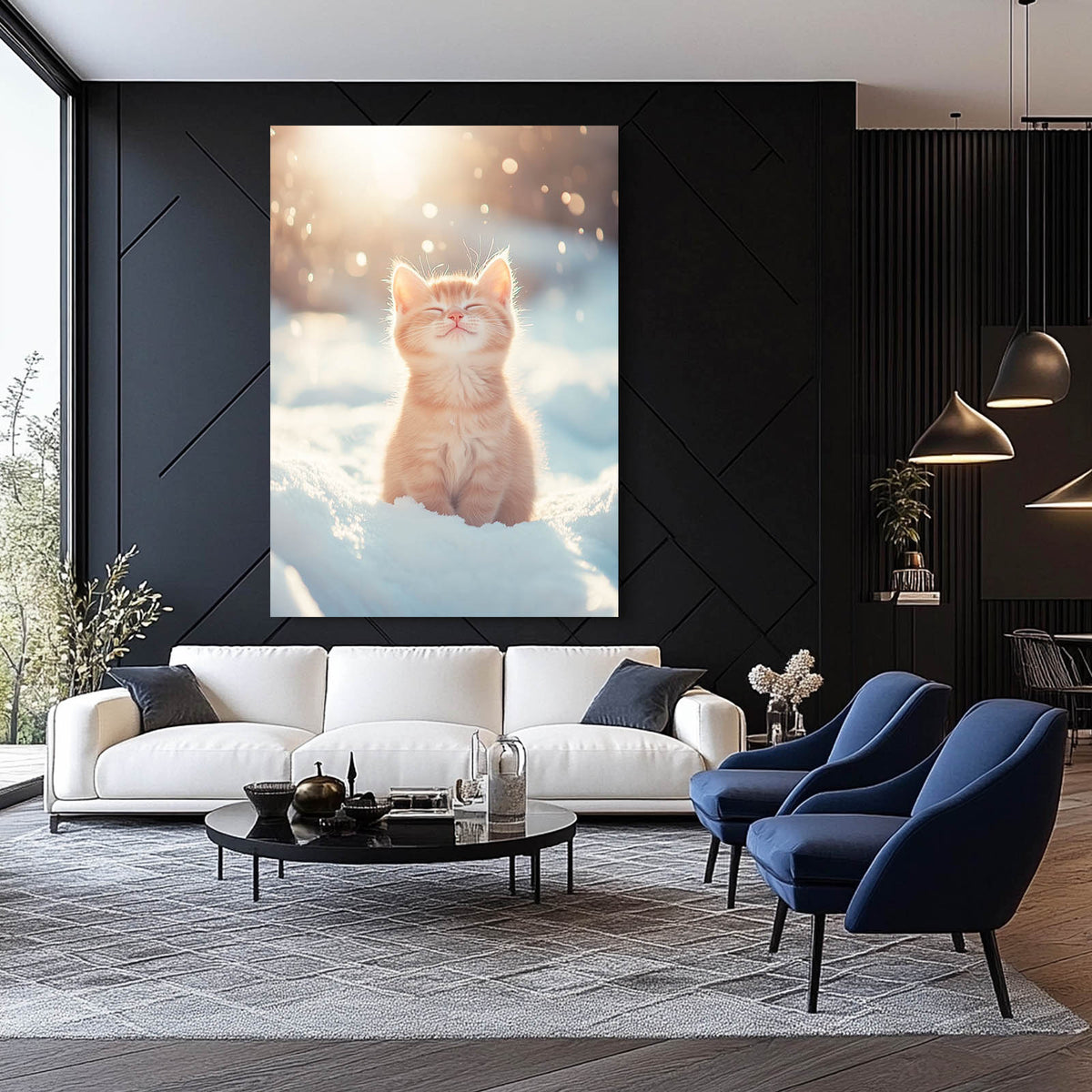 Sunlit Snow Kitten Cat Canvas Art — photography canvas print, styled in a furnished interior