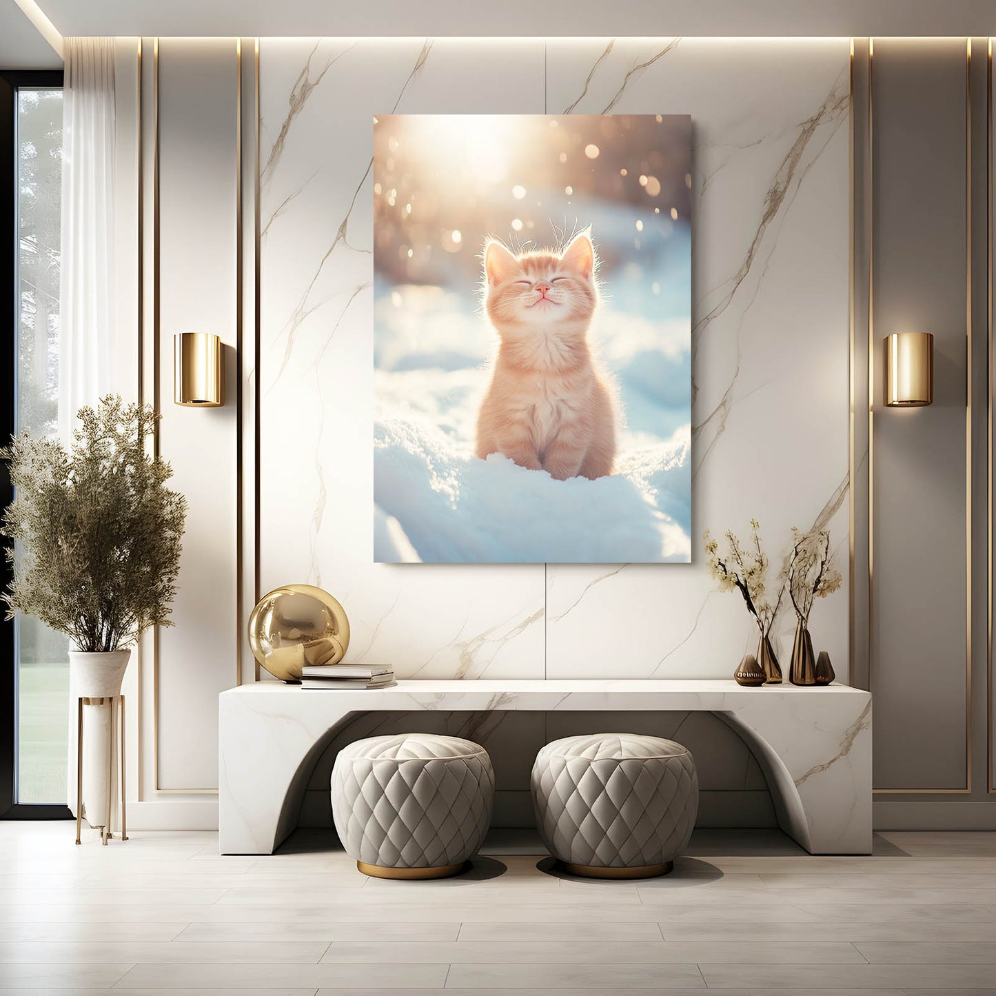 Sunlit Snow Kitten Cat Canvas Art — photography canvas print, styled in a furnished interior