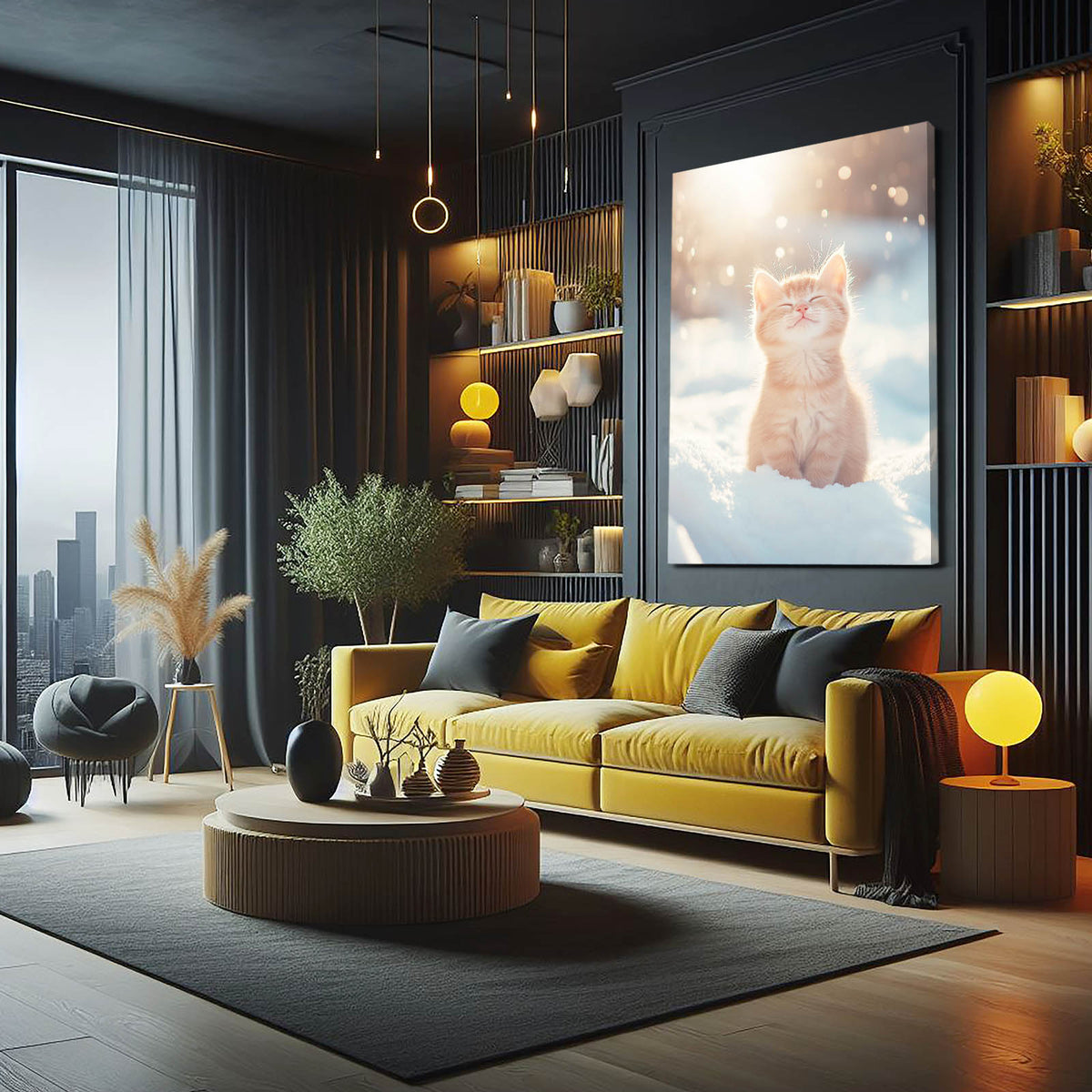 Sunlit Snow Kitten Cat Canvas Art — photography canvas print, styled in a furnished interior