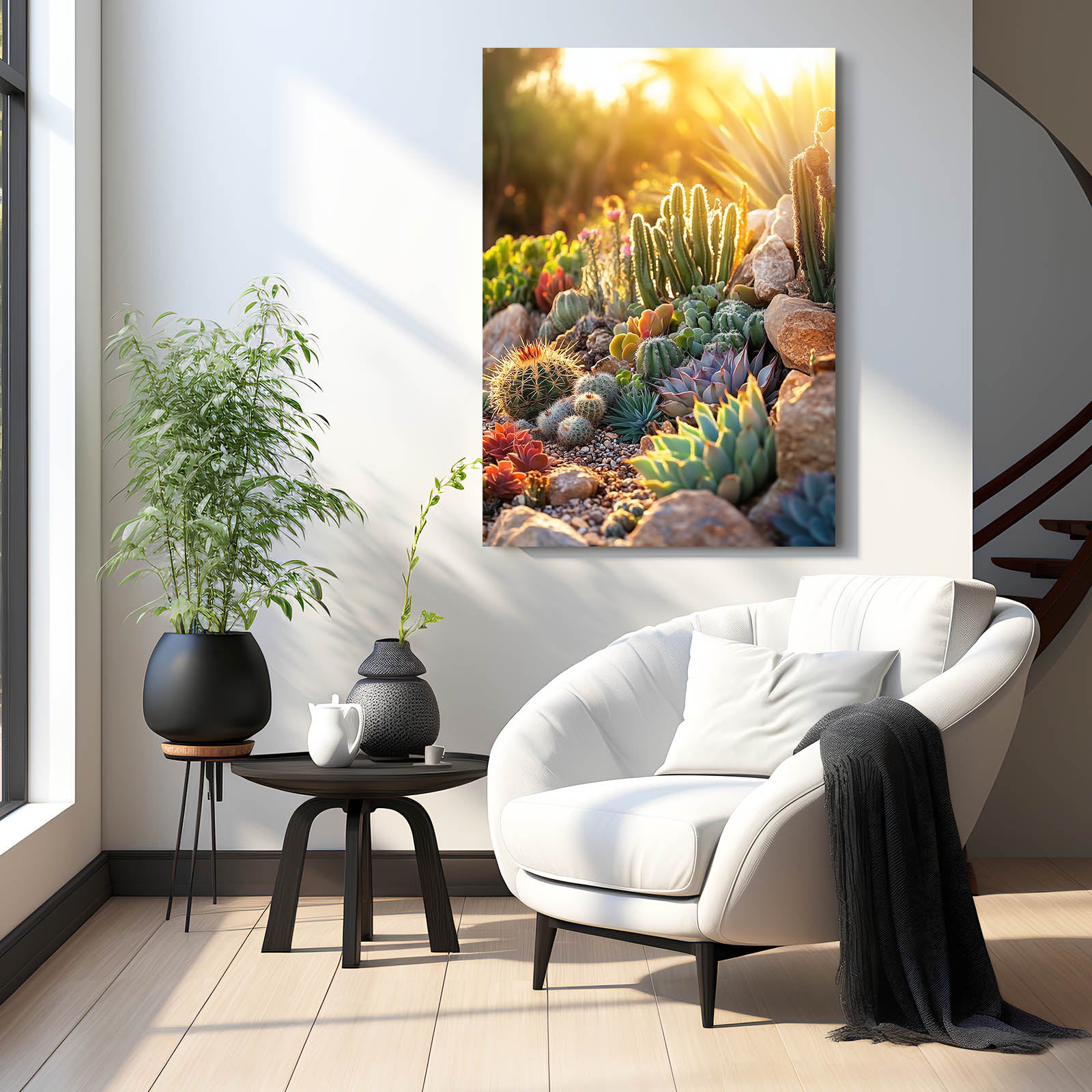 Sunlit Succulent Bed Cactus Art – styled in a furnished interior