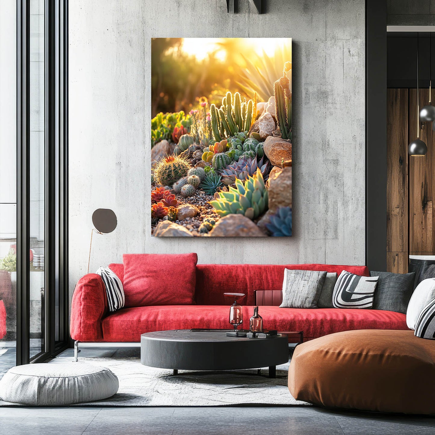 Sunlit Succulent Bed Cactus Art – styled in a furnished interior