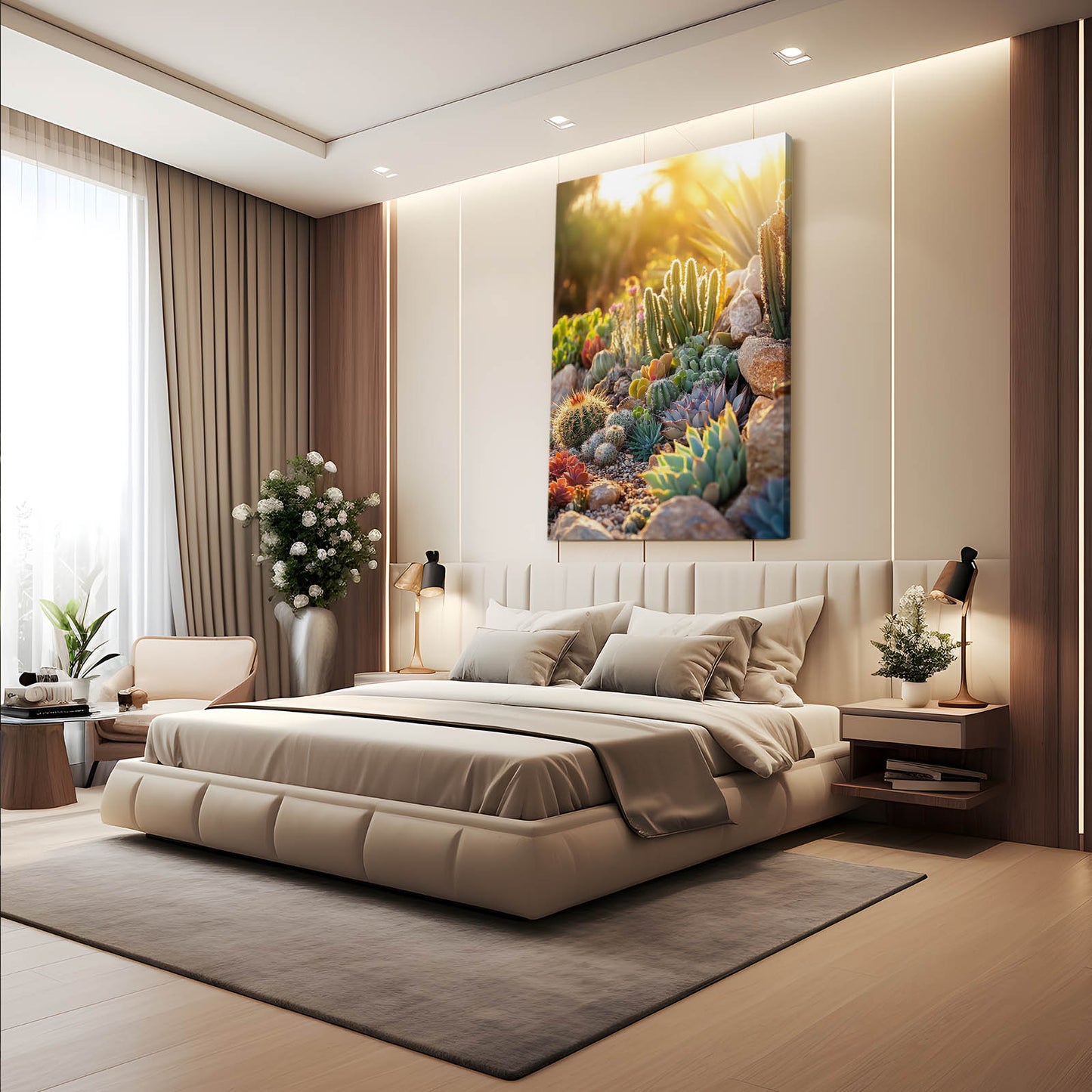 Sunlit Succulent Bed Cactus Art – styled in a furnished interior