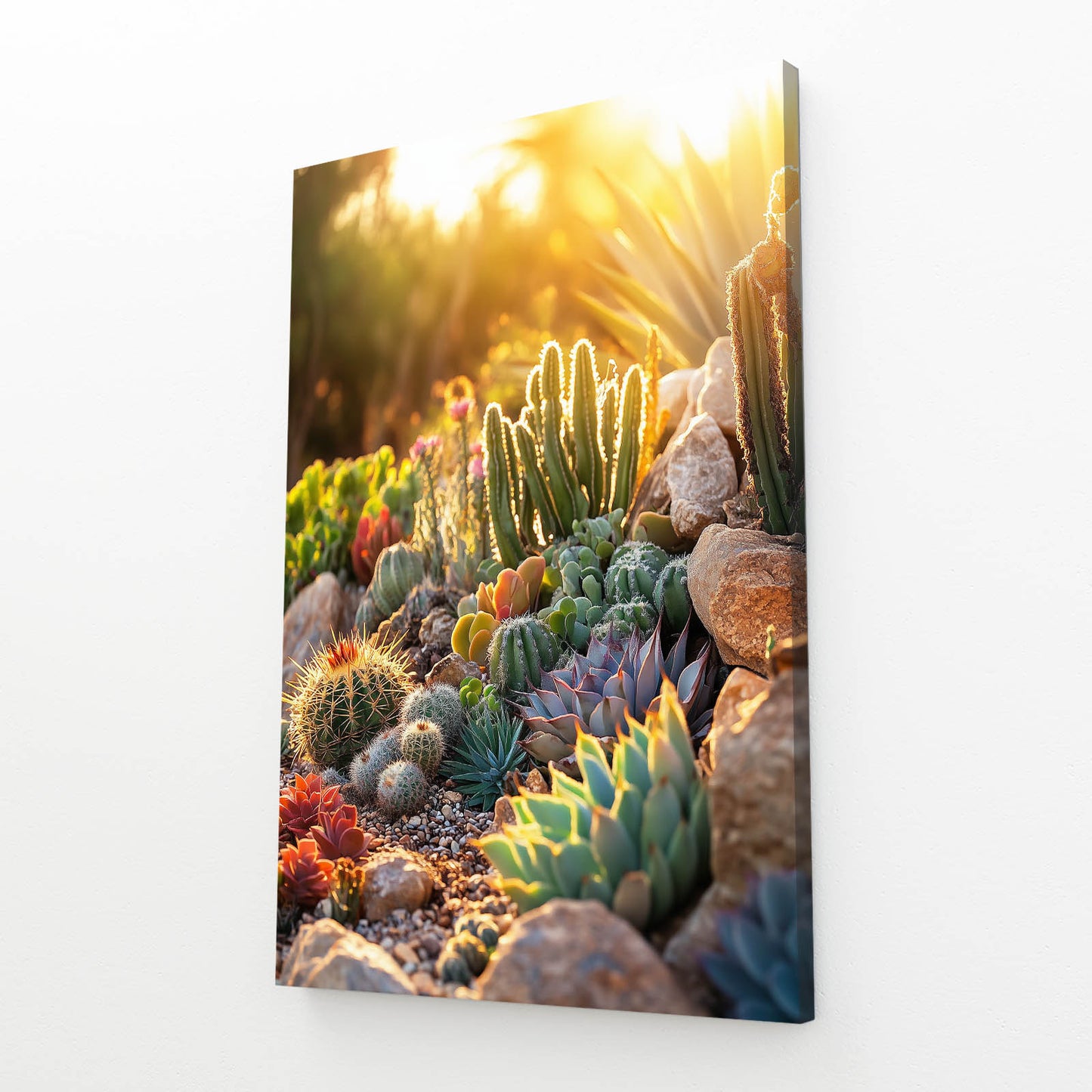 Sunlit Succulent Bed Cactus Art – angled canvas view on white background
