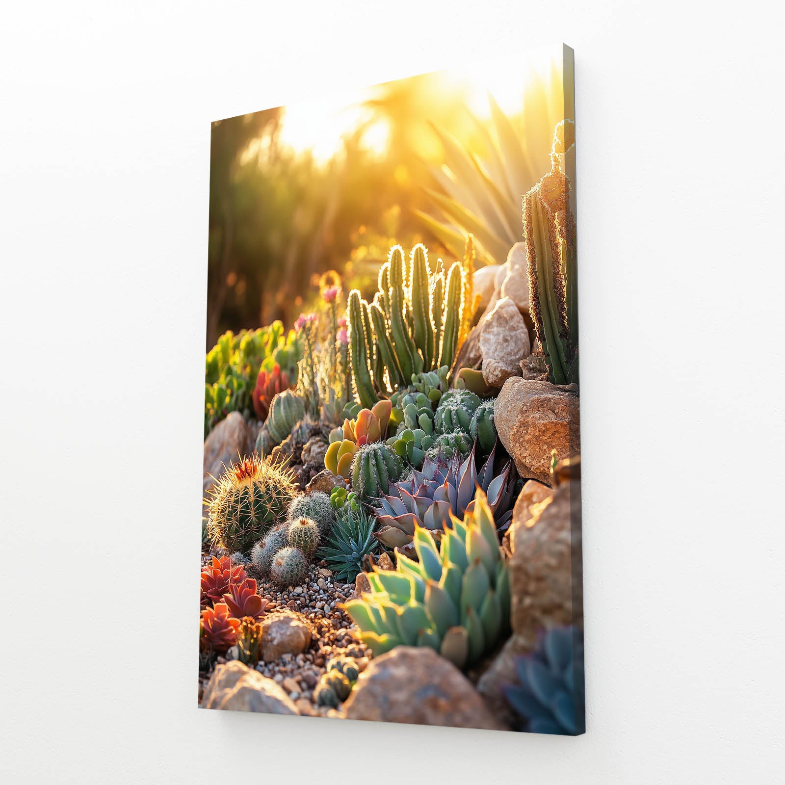 Sunlit Succulent Bed Cactus Art – angled canvas view on white background