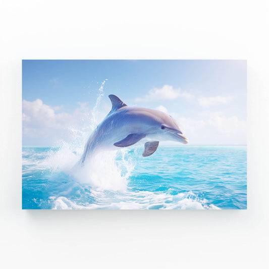 Sunny Leap Dolphin Print – dolphin jumping out of a sparkling tropical sea under a sunny sky