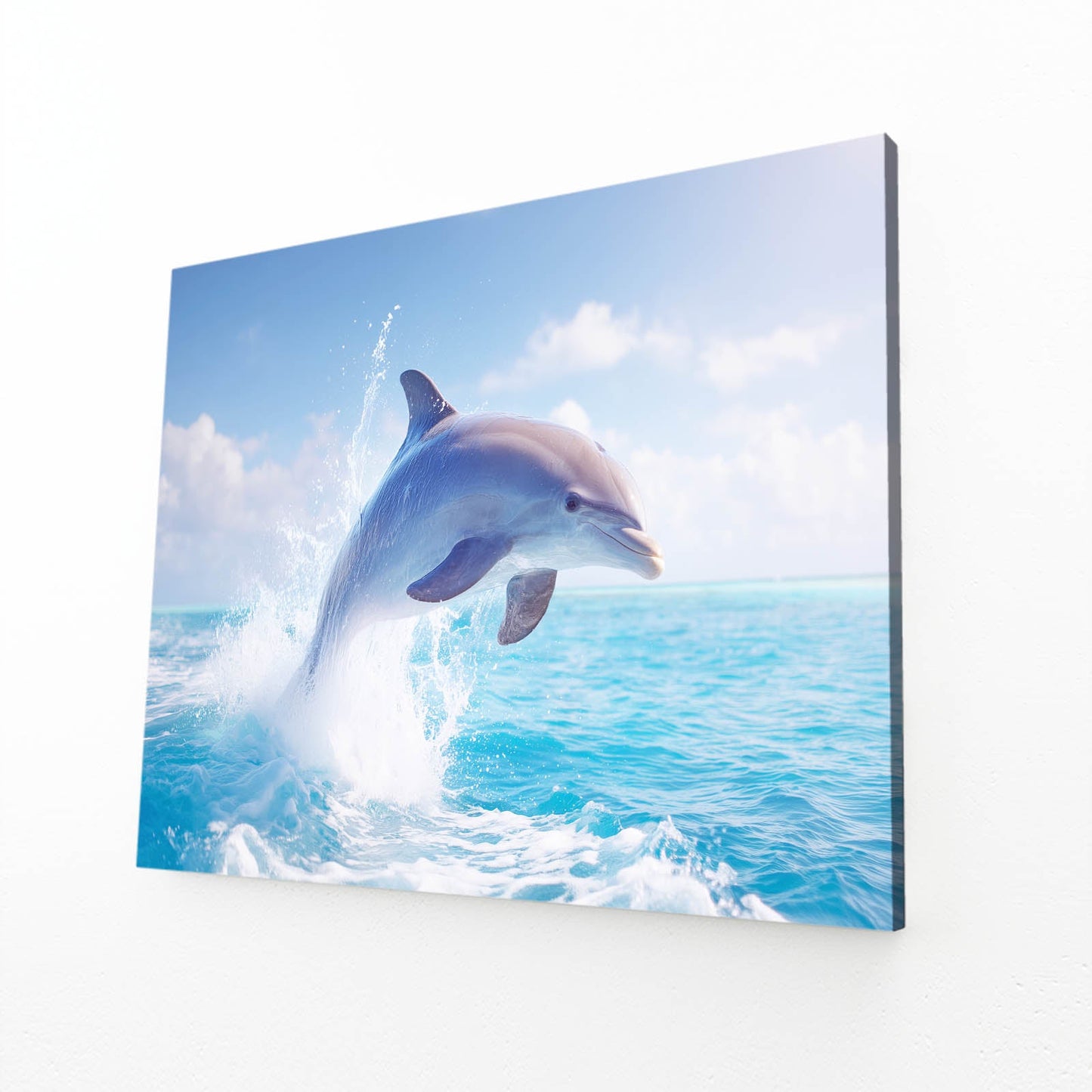 Sunny Leap Dolphin Print – angled canvas view on white background