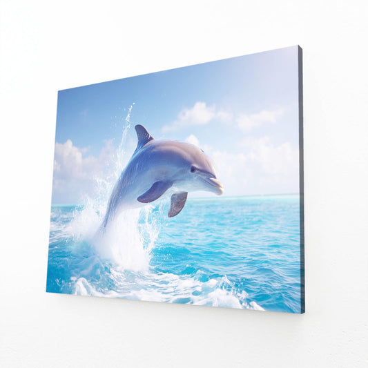 Sunny Leap Dolphin Print – angled canvas view on white background