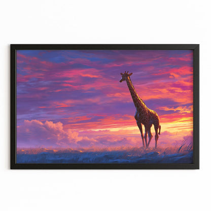 Giraffe standing on a savanna with a vibrant sunset sky