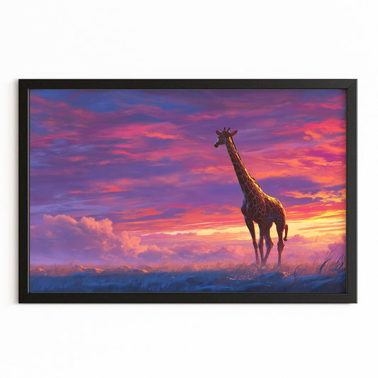 Giraffe standing on a savanna with a vibrant sunset sky