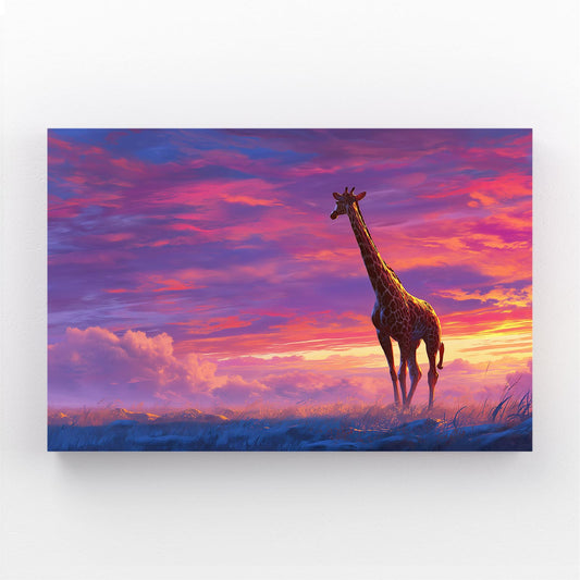Giraffe standing in a field with a colorful sunset sky