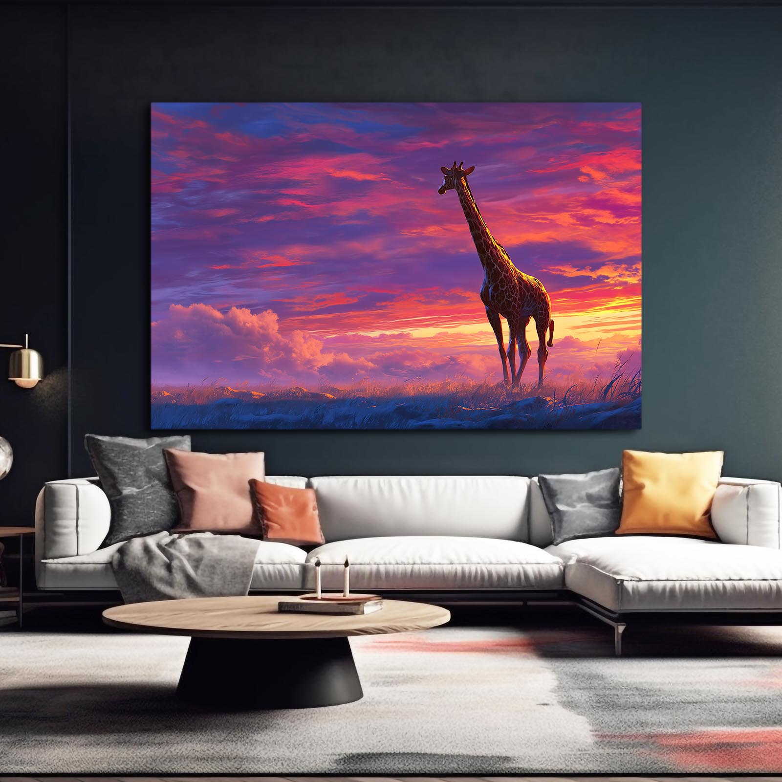 Living room with a large painting of a giraffe against a colorful sky above a white sofa.
