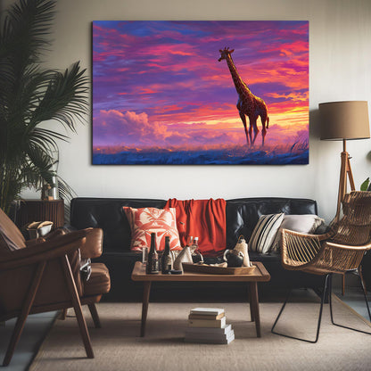 Living room with a large painting of a giraffe against a colorful sky, surrounded by furniture and decor.
