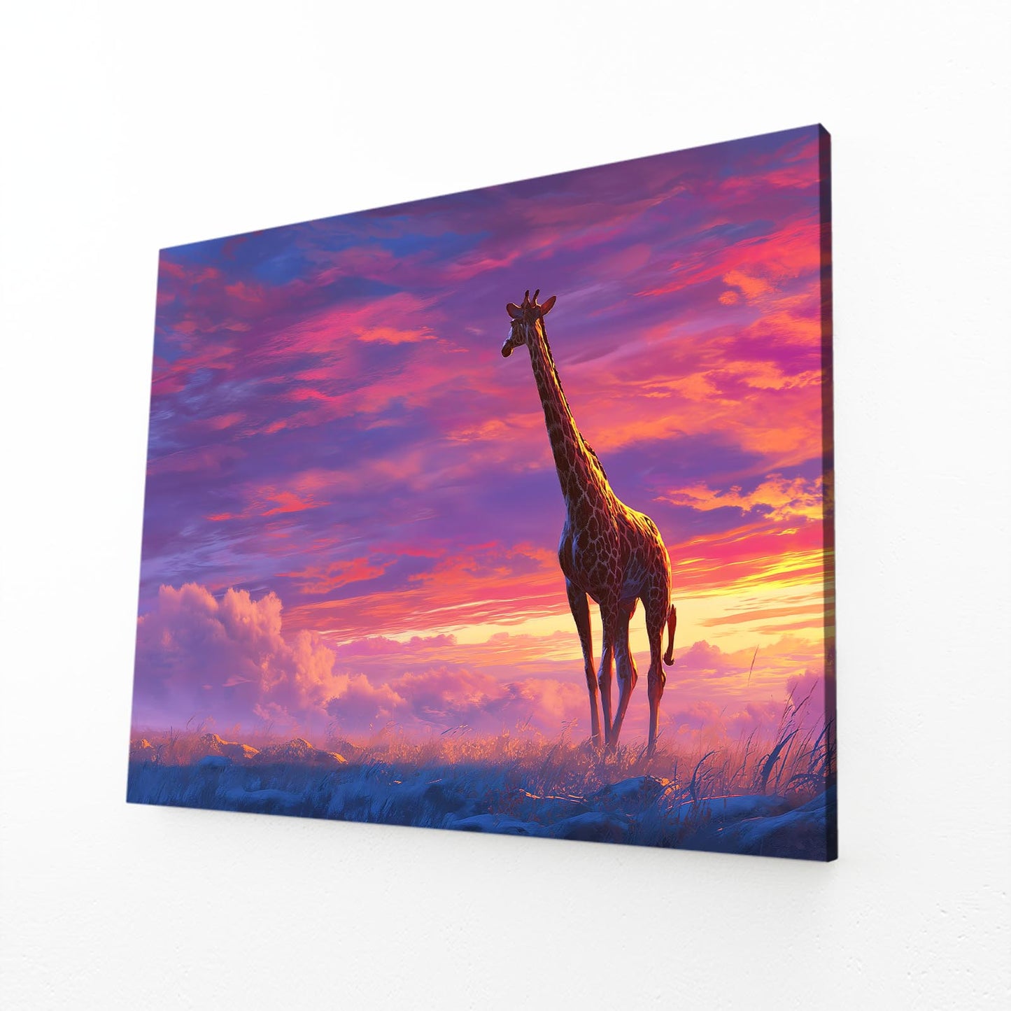 Giraffe standing in a field with a vibrant purple and pink sky