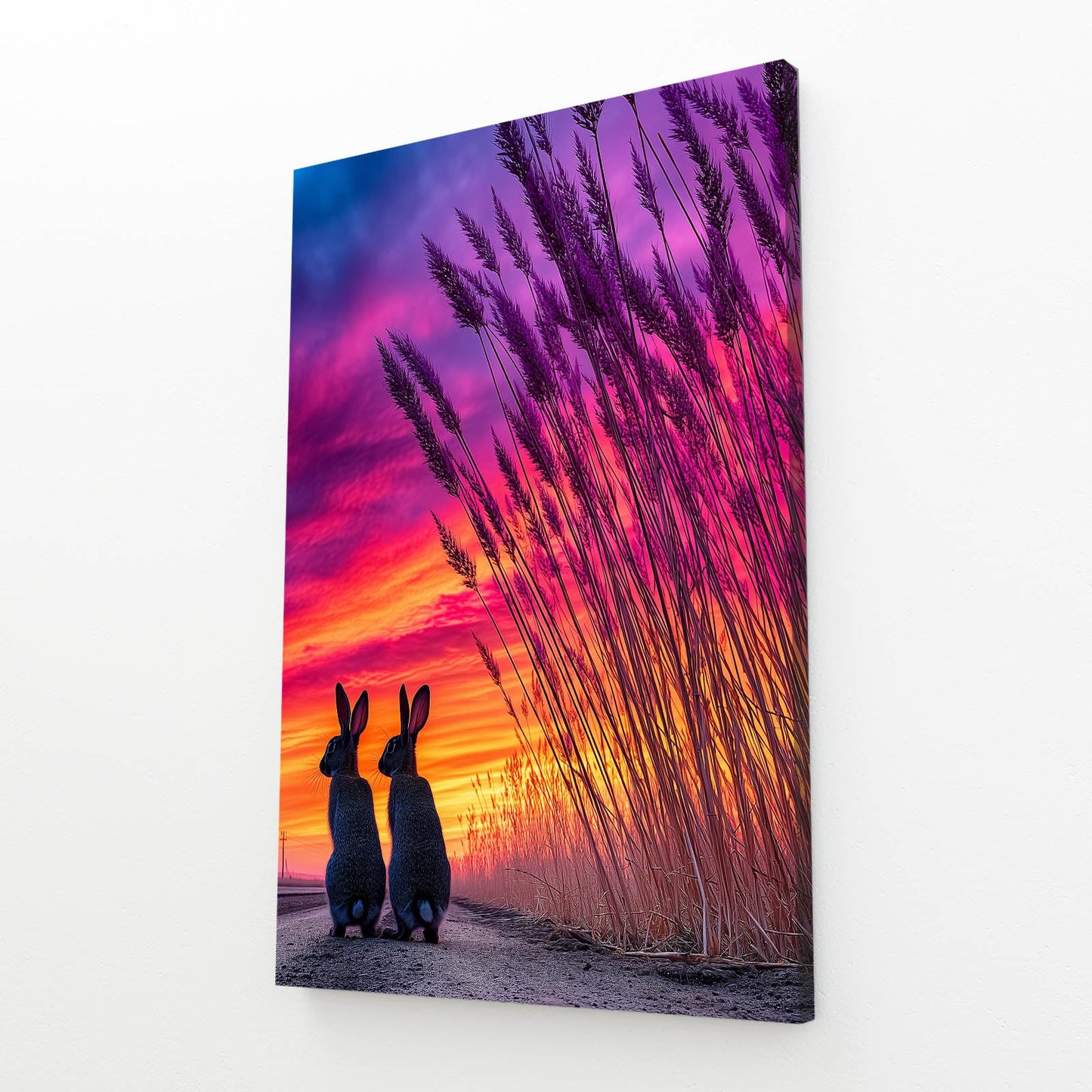 Sunset Bunny Art – angled canvas view on white background