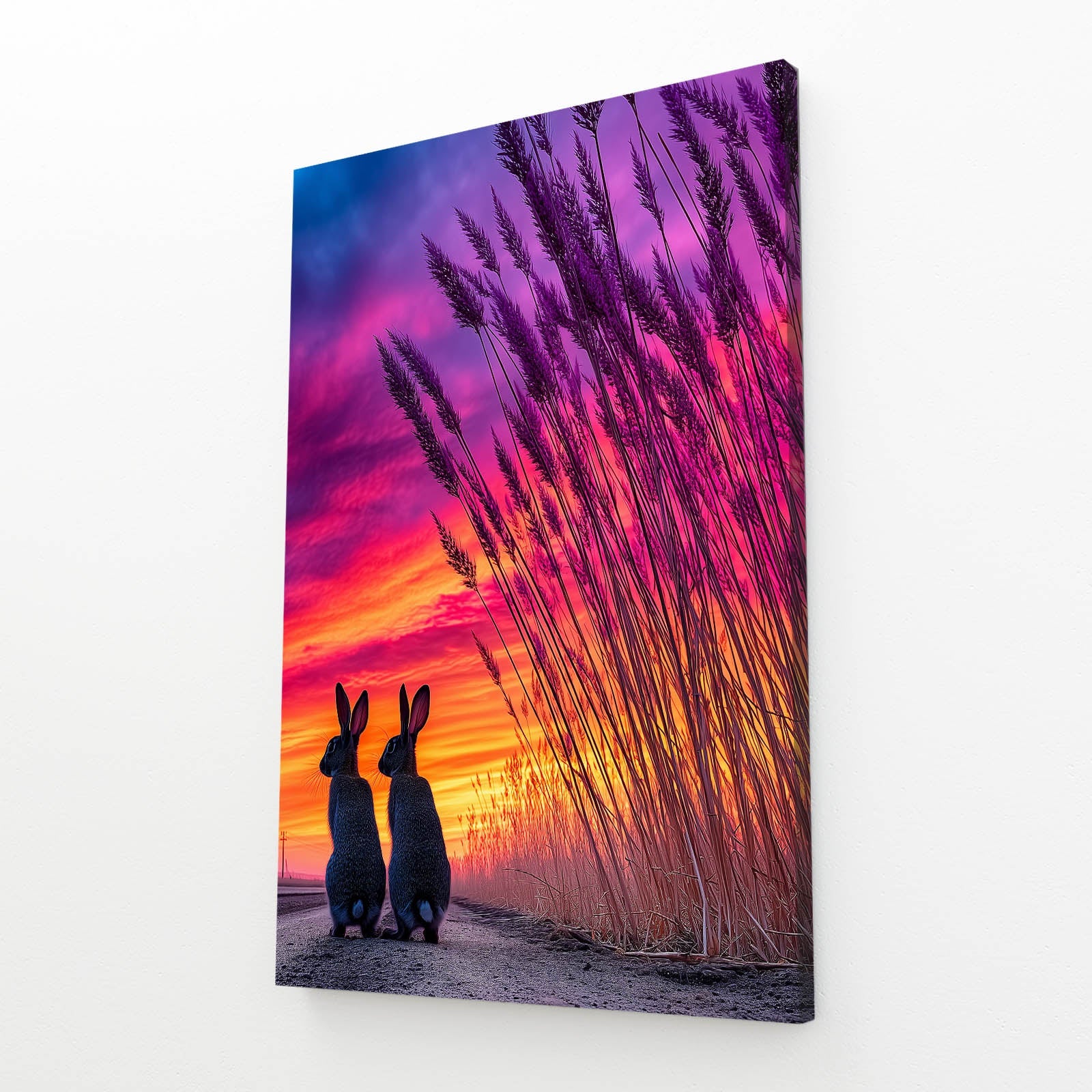 Sunset Bunny Art – angled canvas view on white background