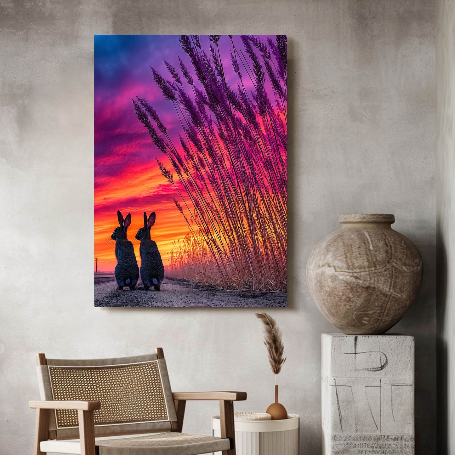 Sunset Bunny Art – angled canvas view on white background