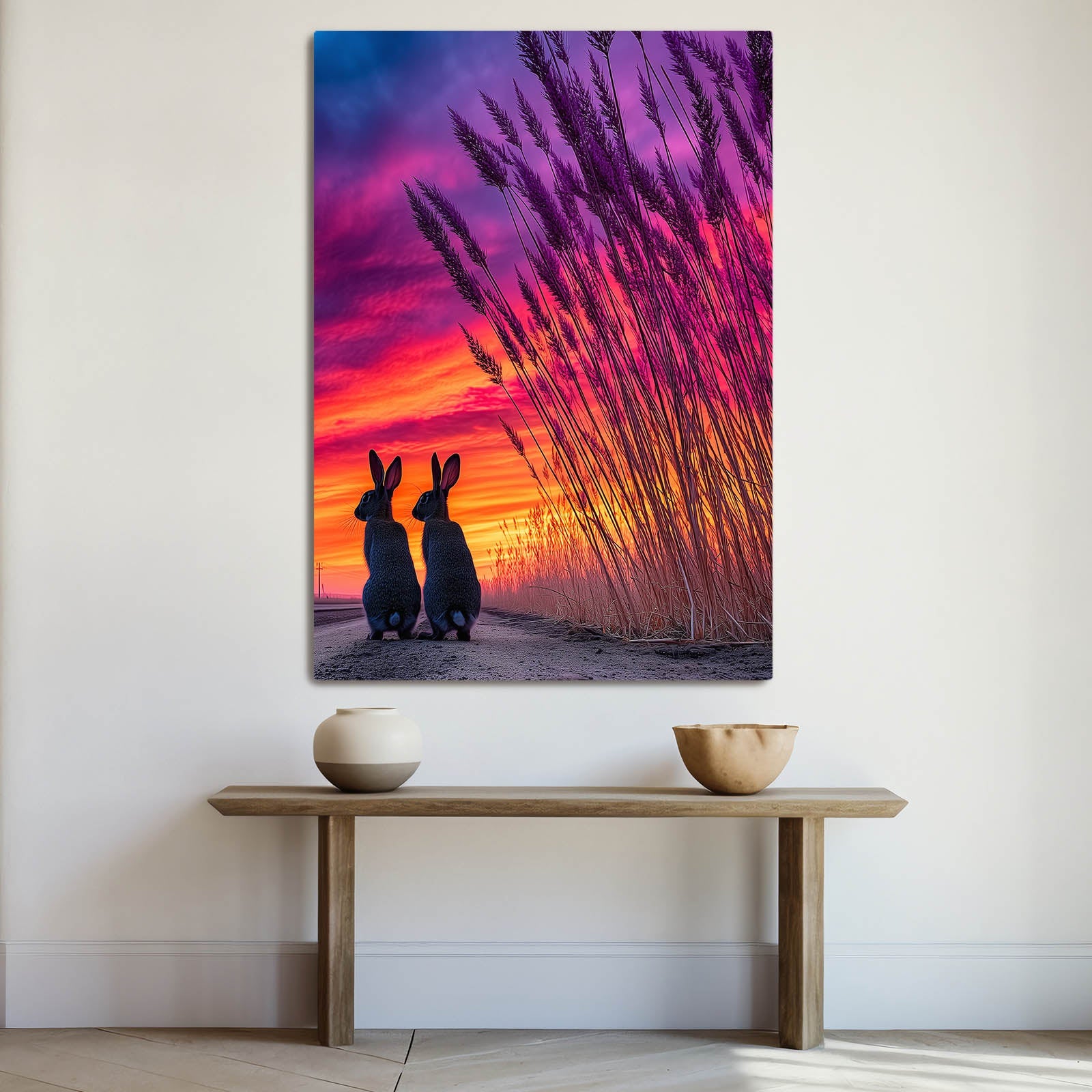 Sunset Bunny Art – angled canvas view on white background