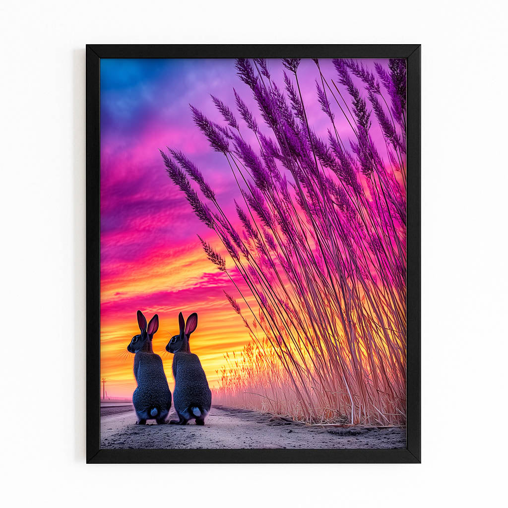 Sunset Bunny Art – with Premium Black frame on white background