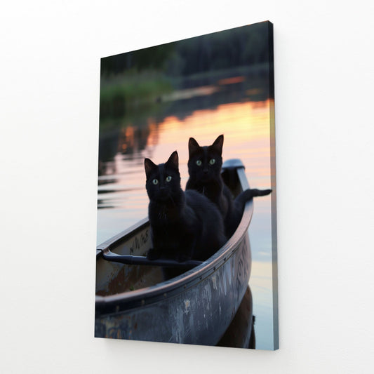 Sunset Canoe Cat Wall Art — photography canvas print in white tones, view 3