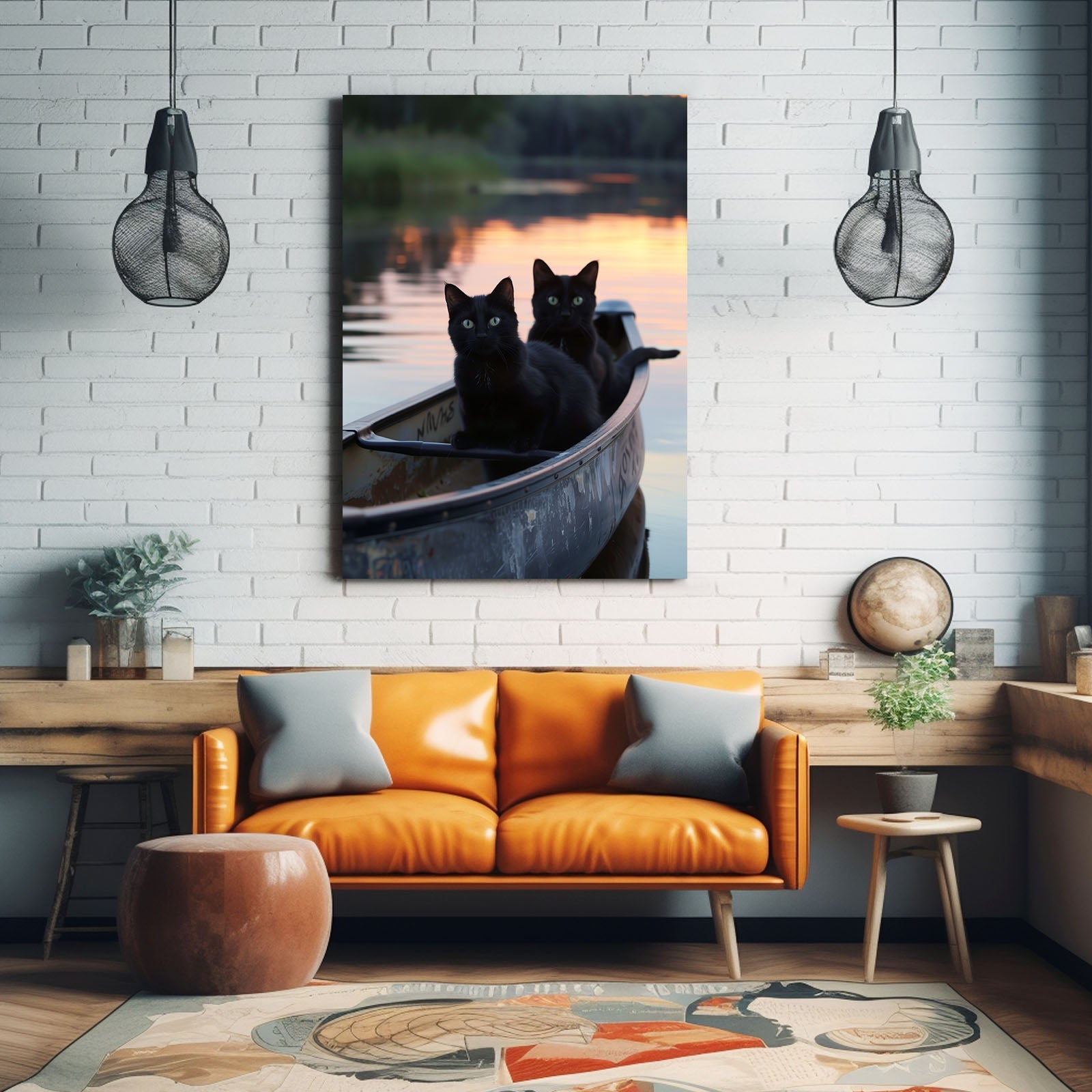 Sunset Canoe Cat Wall Art