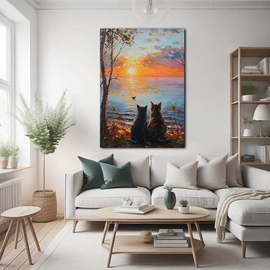 Sunset Companions Cat Art — landscape canvas print in orange tones, view 3