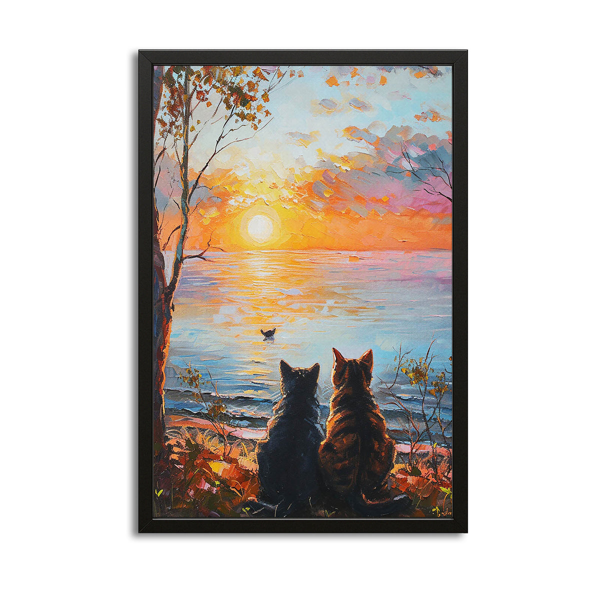 Sunset Companions Cat Art — landscape canvas print in orange tones, with Premium Black frame on white background