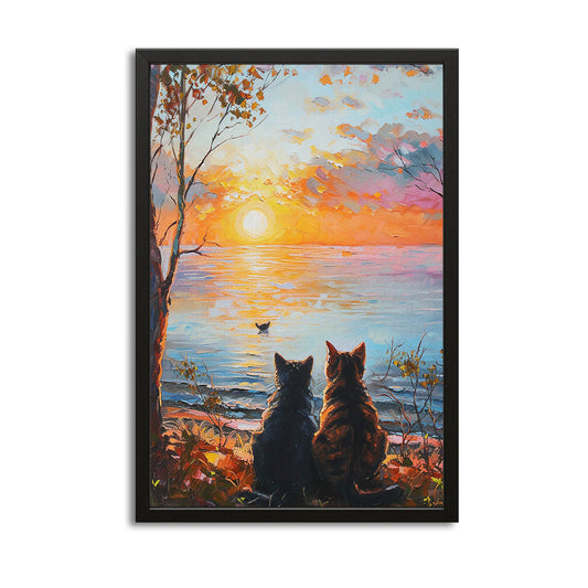 Sunset Companions Cat Art — landscape canvas print in orange tones, with Premium Black frame on white background