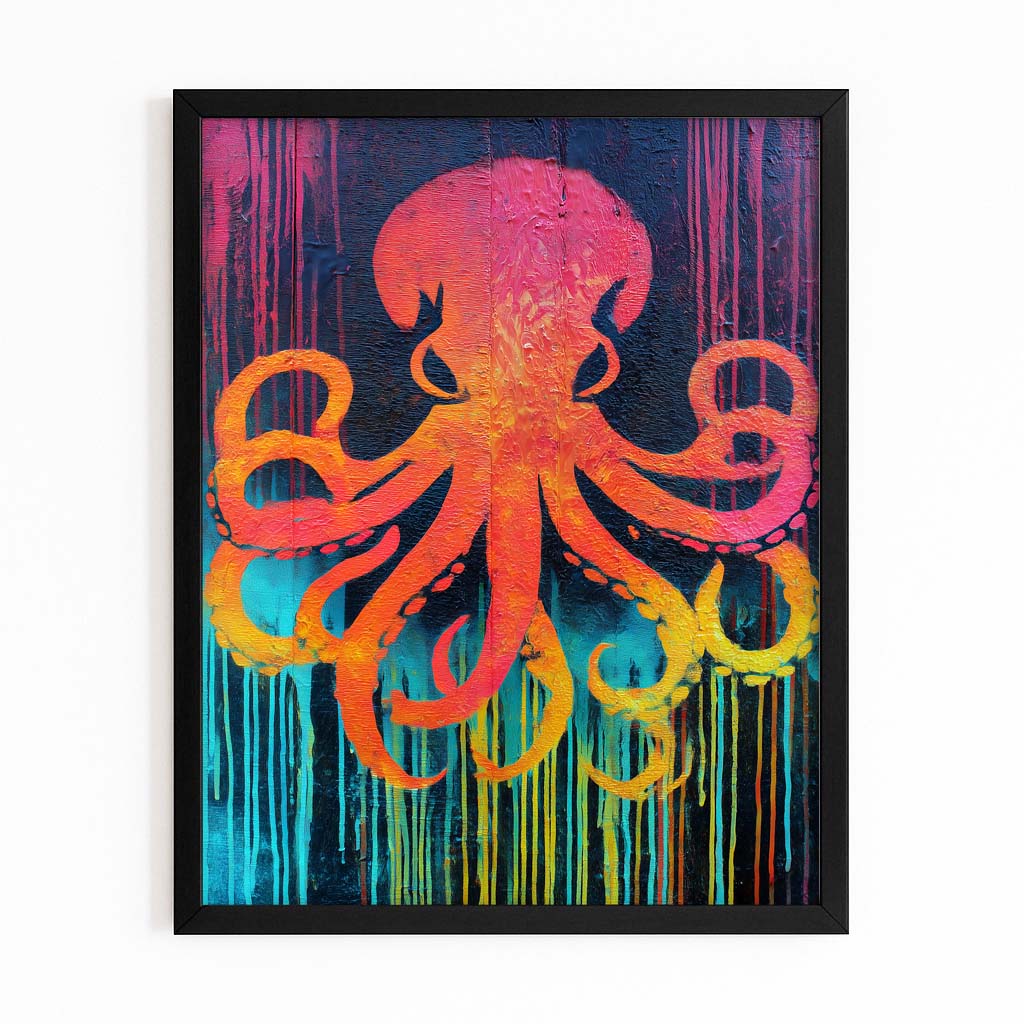 Sunset Drip Octopus Canvas – with Premium Black frame on white background