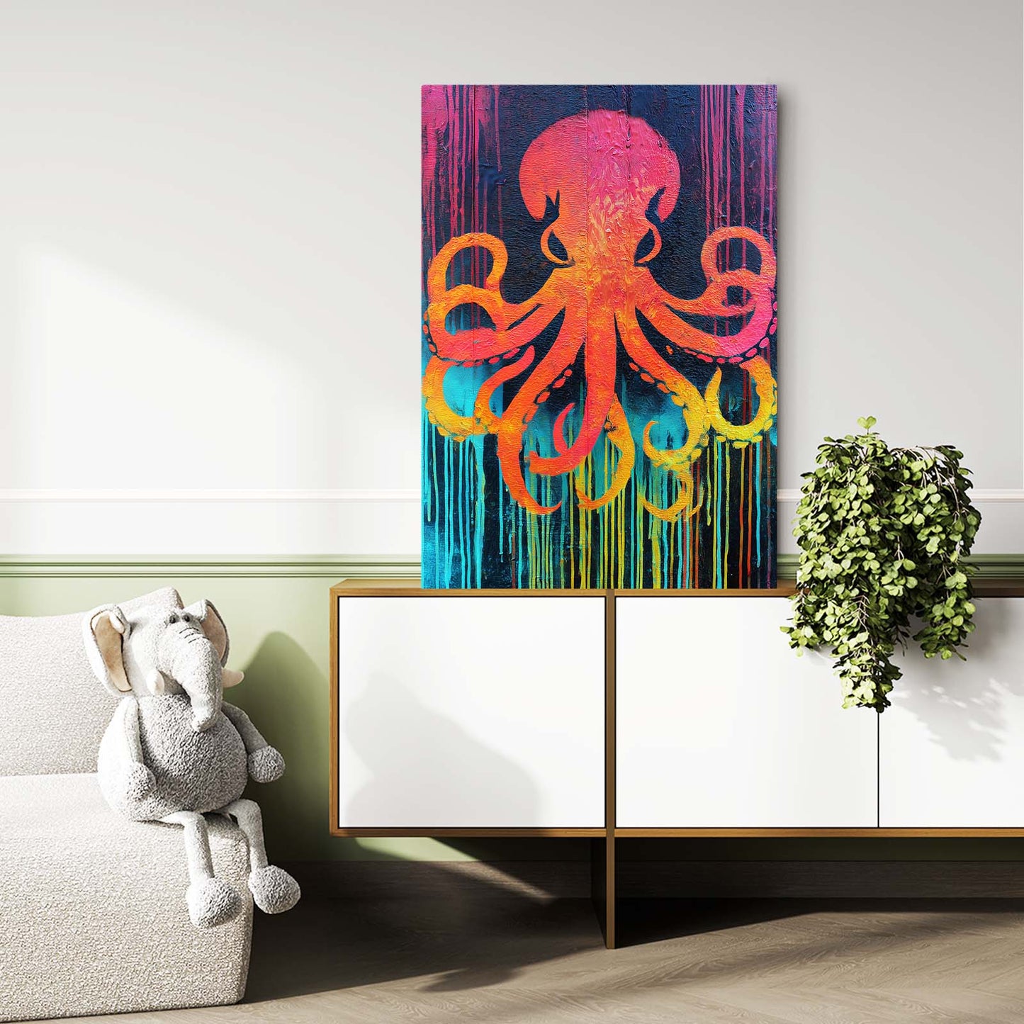 Sunset Drip Octopus Canvas – styled in a furnished interior