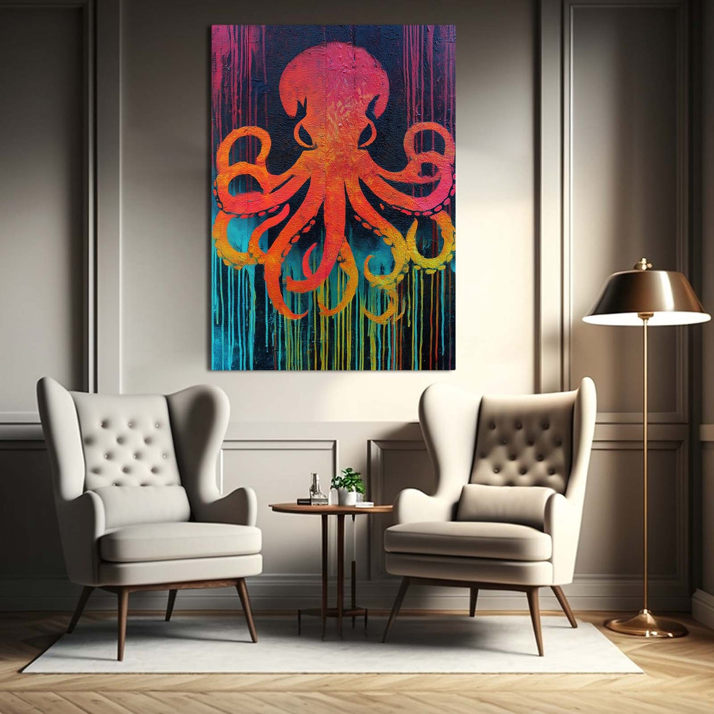 Sunset Drip Octopus Canvas – styled in a furnished interior