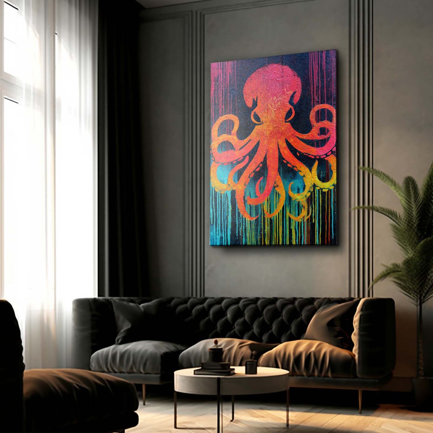 Sunset Drip Octopus Canvas – styled in a furnished interior