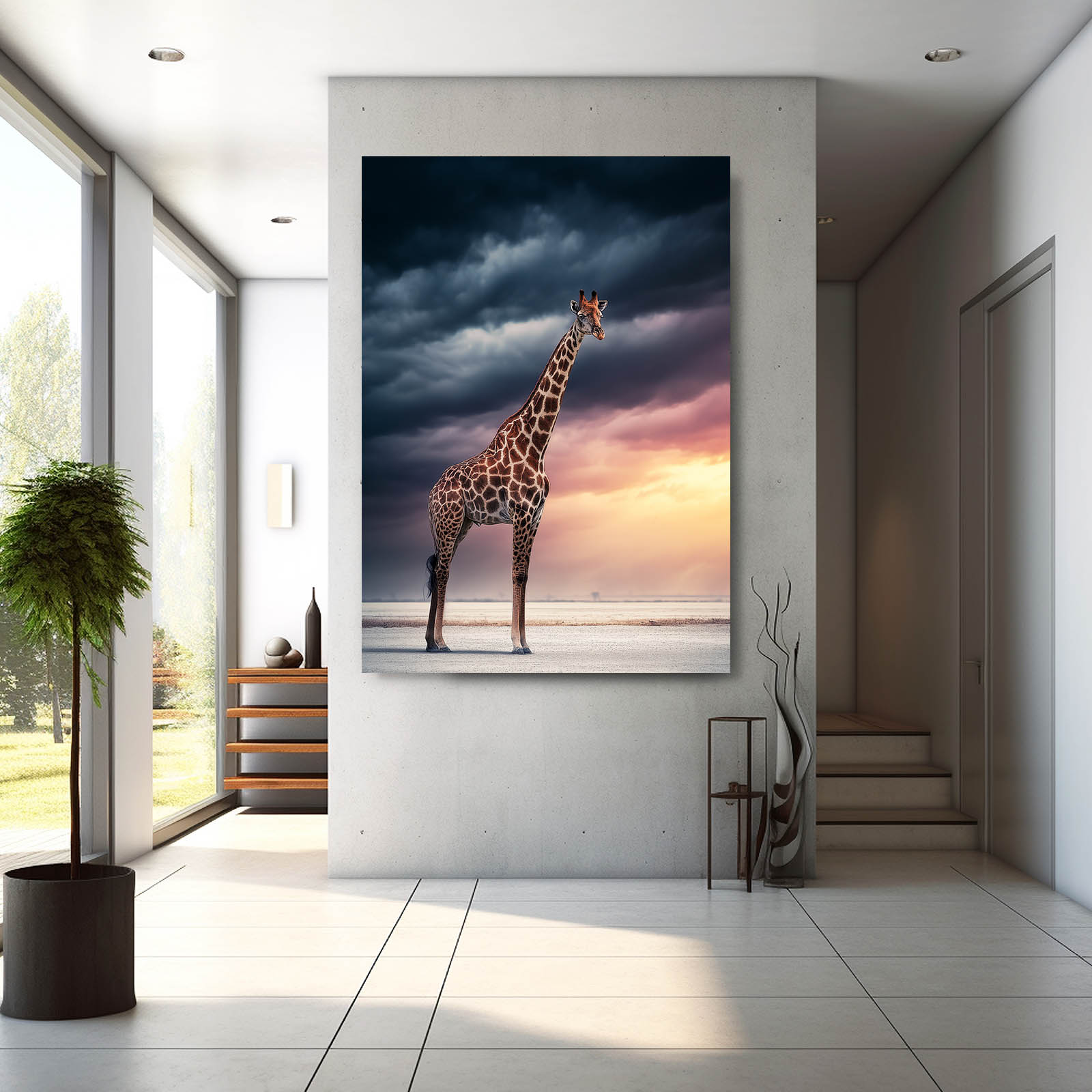 Sunset Giraffe Vertical Wall Art – in a bright white hallway