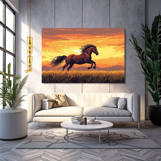 Sunset Horse Wall Art – angled canvas view on white background