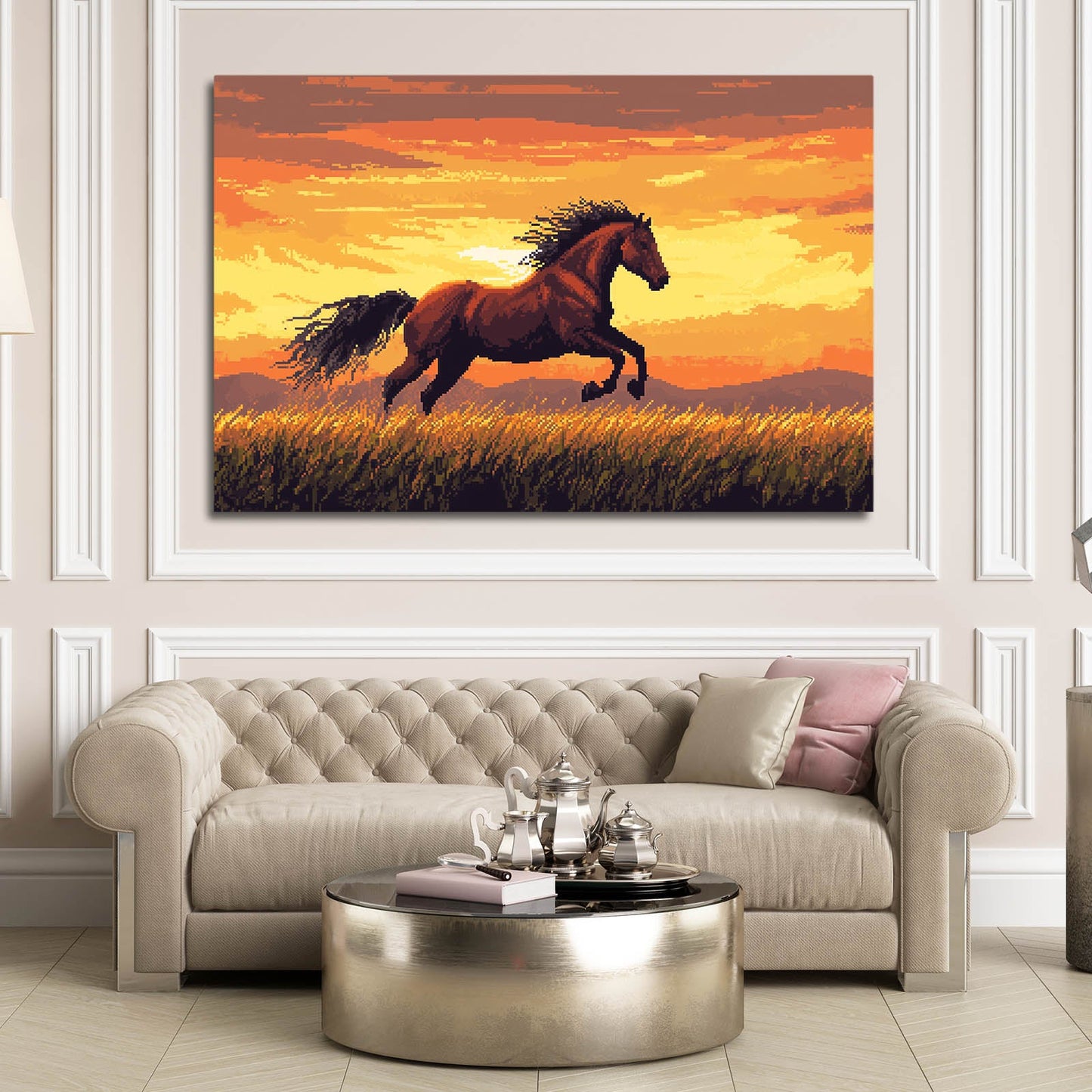 Sunset Horse Wall Art – angled canvas view on white background