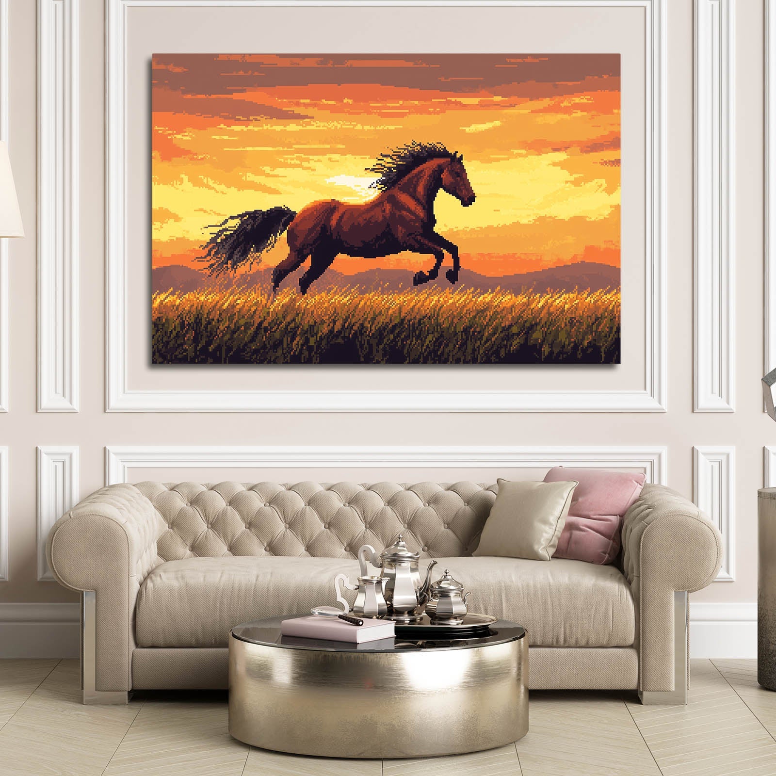 Sunset Horse Wall Art – angled canvas view on white background