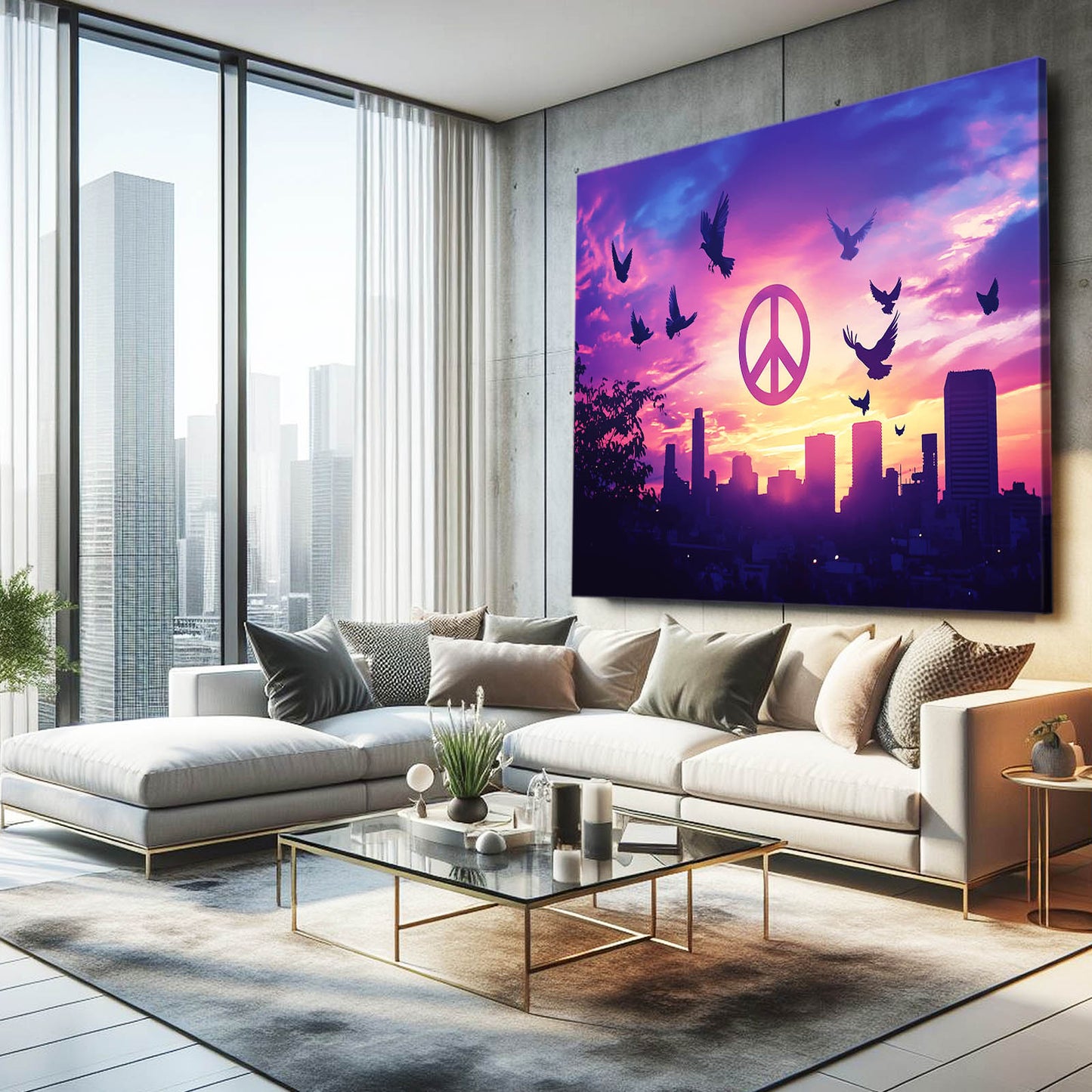 Sunset Peace Skyline Art – styled in a furnished interior
