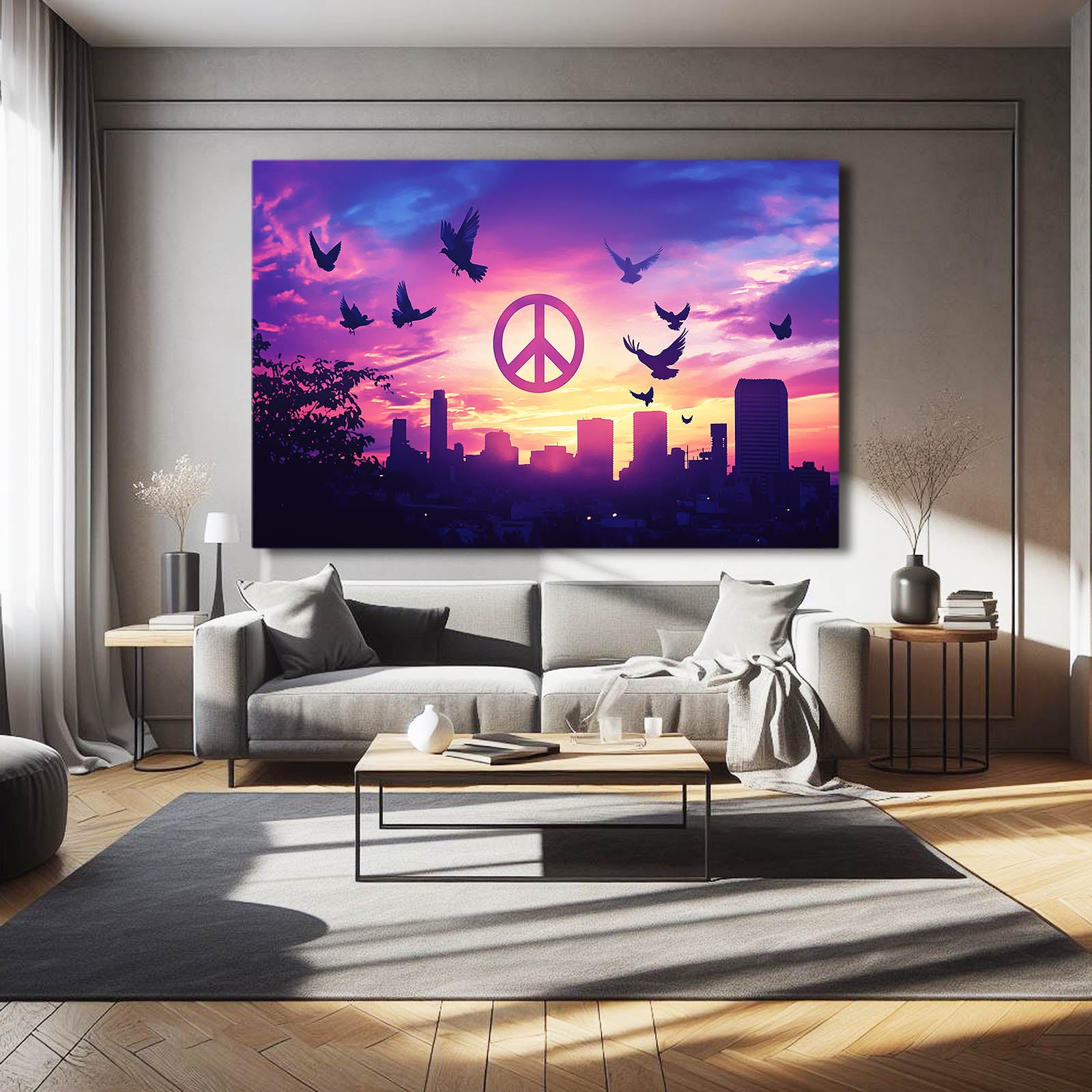 Sunset Peace Skyline Art – styled in a furnished interior