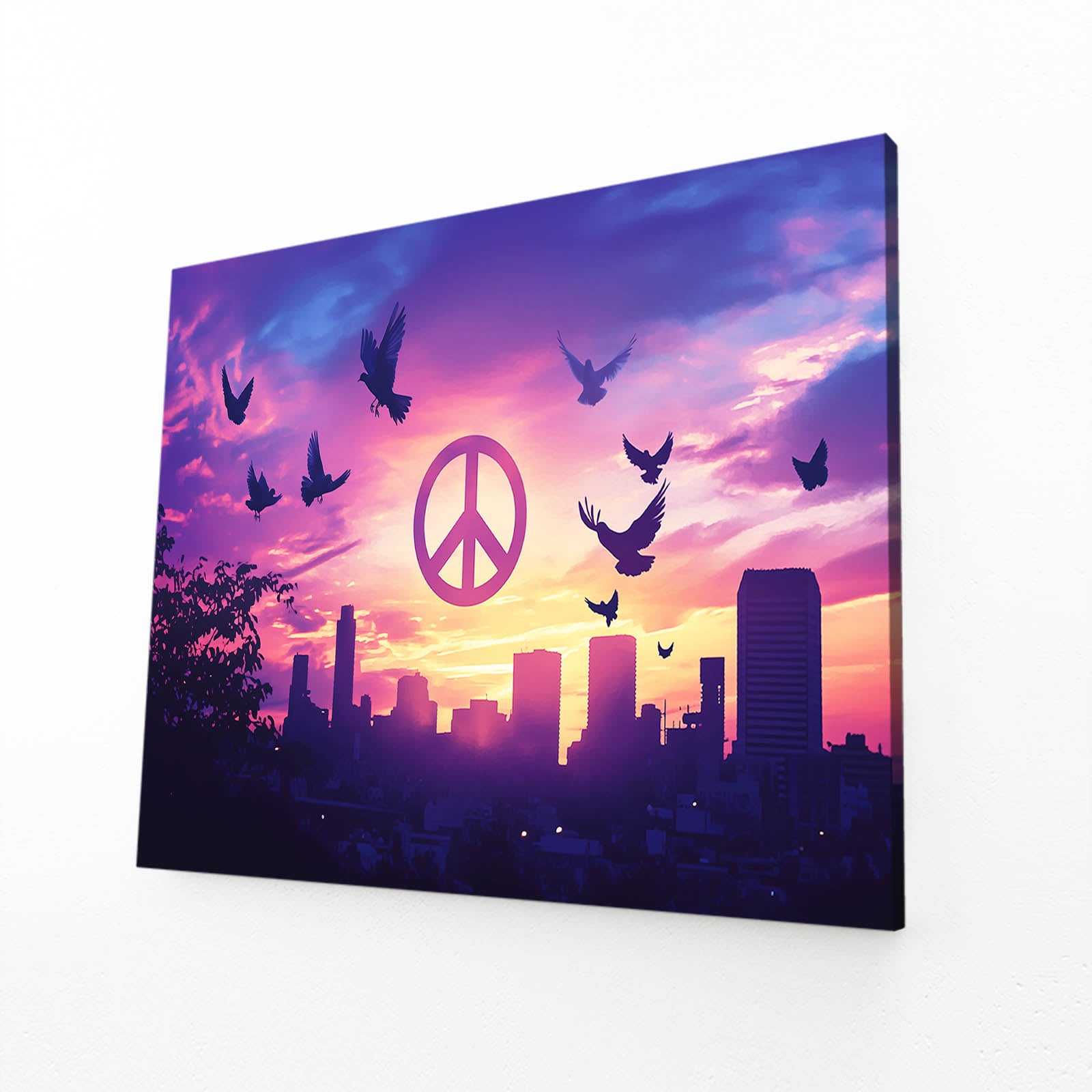 Sunset Peace Skyline Art – angled canvas view on white background